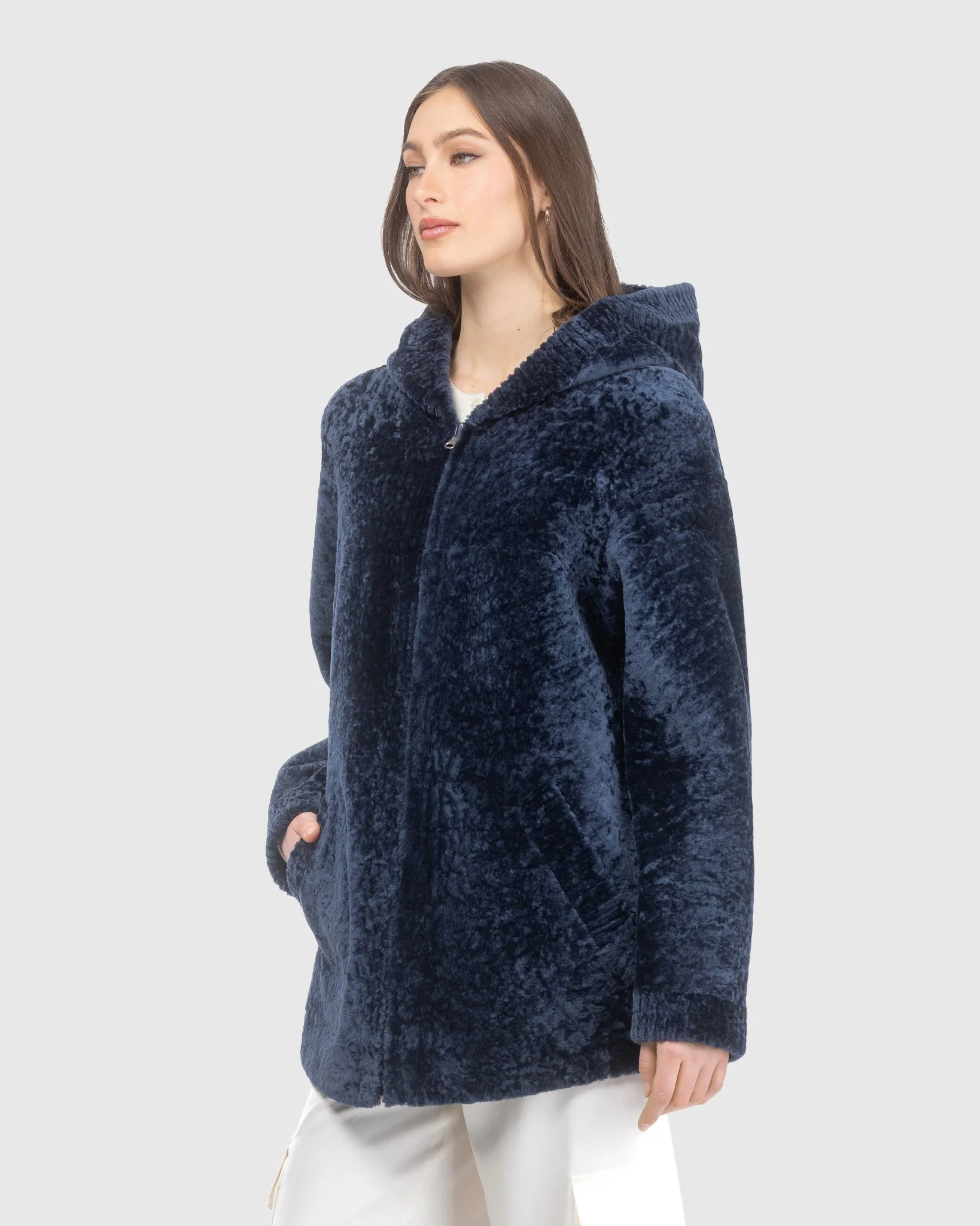 Textured Reversible Shearling Lamb Zip Jacket, Hood - Image 4