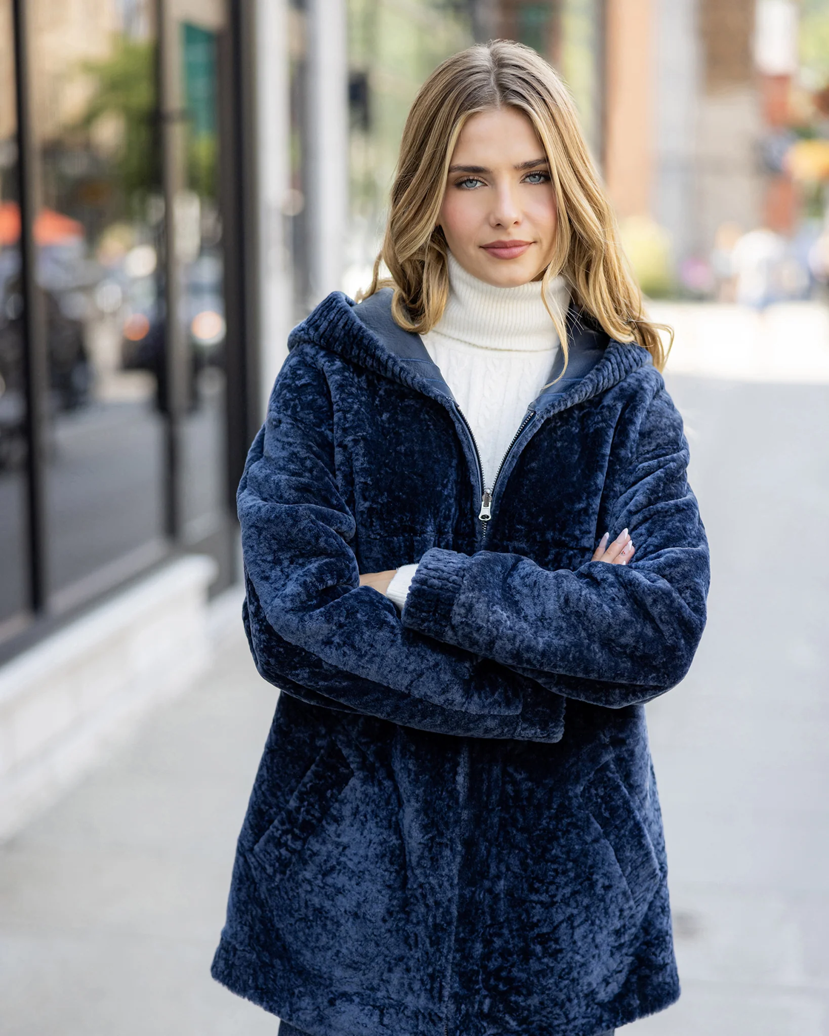 Textured Reversible Shearling Lamb Zip Jacket, Hood - Image 7