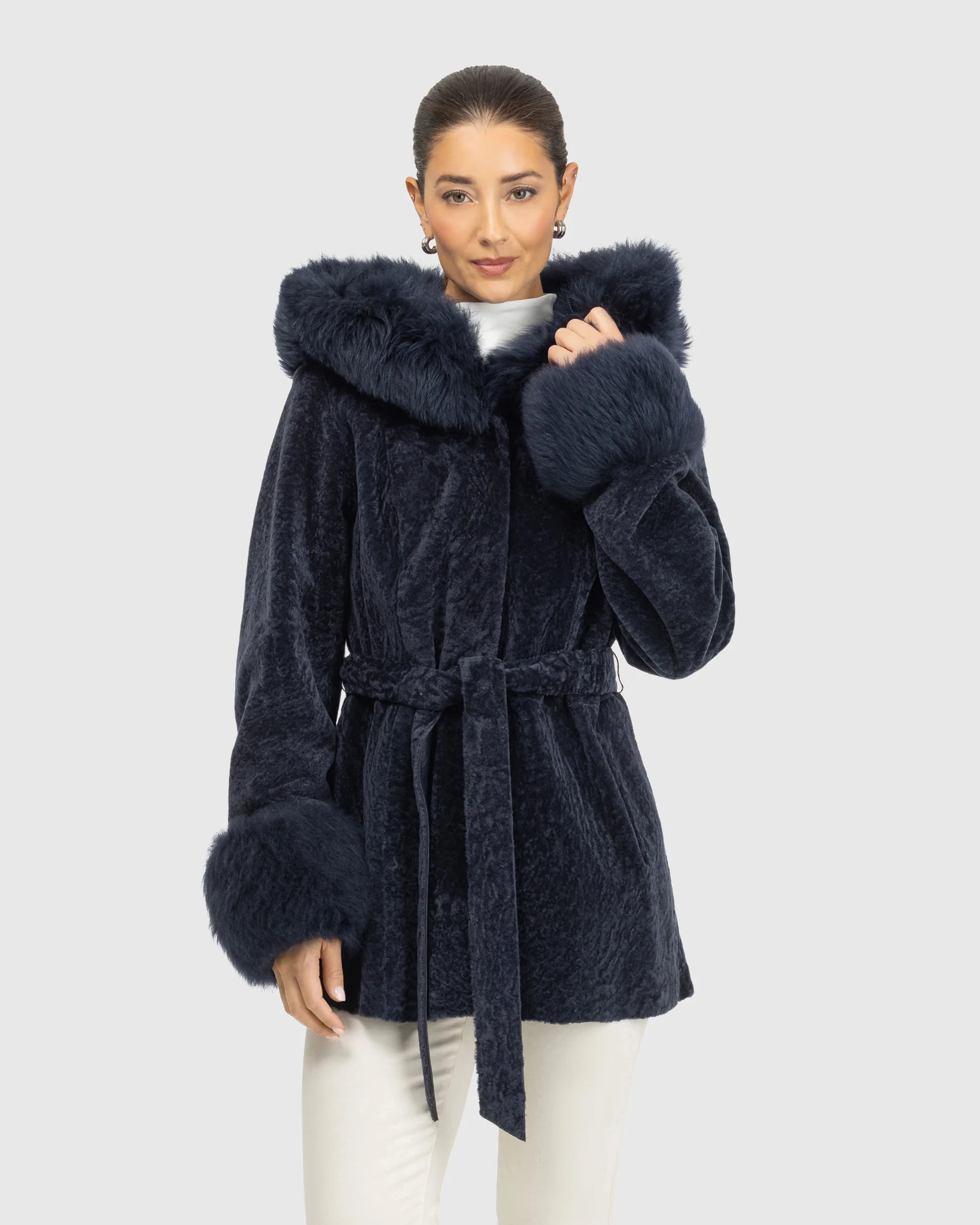 Textured Shearling Lamb Reversible Jacket With Merinillo Shearling Lamb Hood Trim & Cuffs, Belt