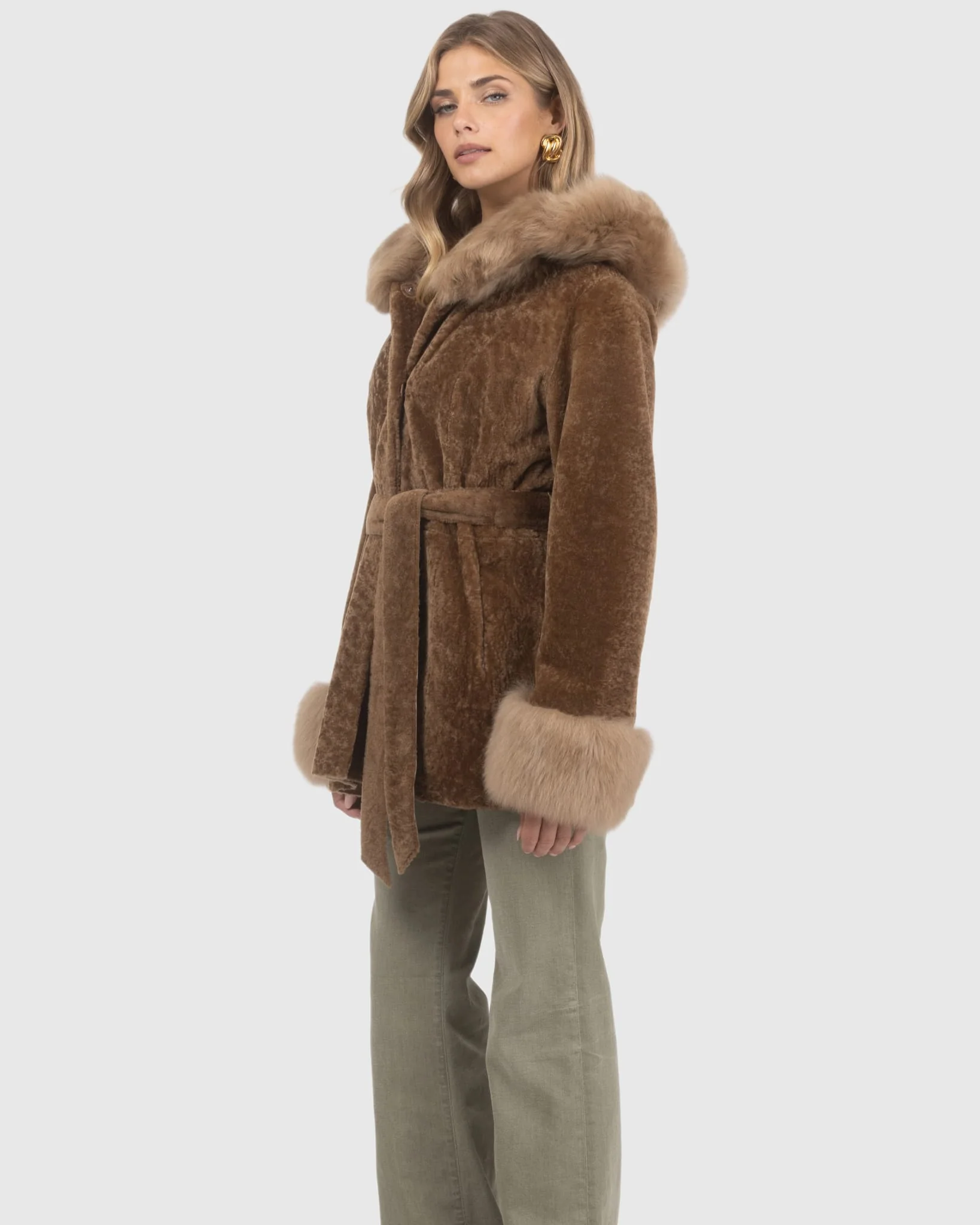 Textured Shearling Lamb Reversible Jacket With Merinillo Shearling Lamb Hood Trim & Cuffs, Belt - Image 13