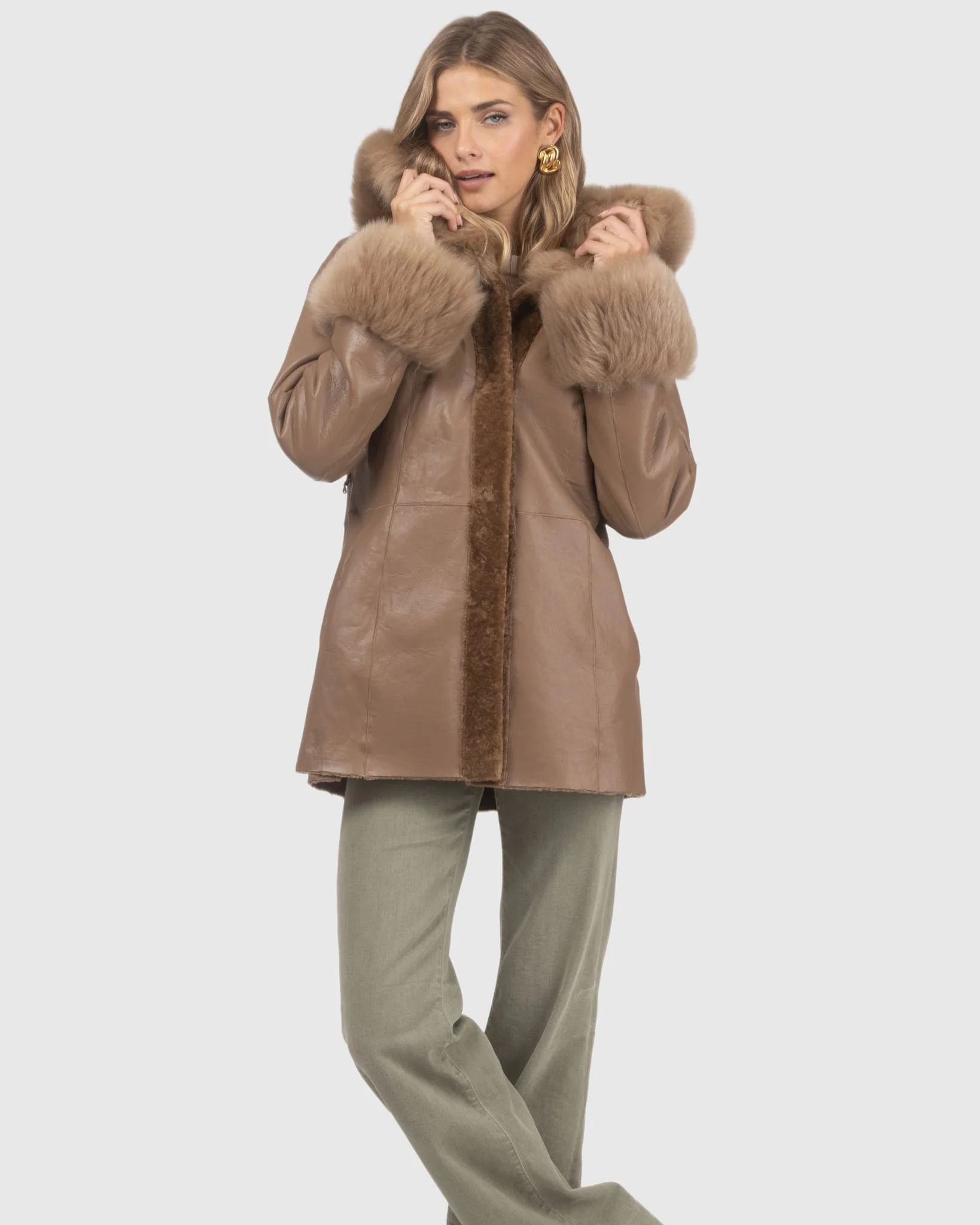 Textured Shearling Lamb Reversible Jacket With Merinillo Shearling Lamb Hood Trim & Cuffs, Belt - Image 17