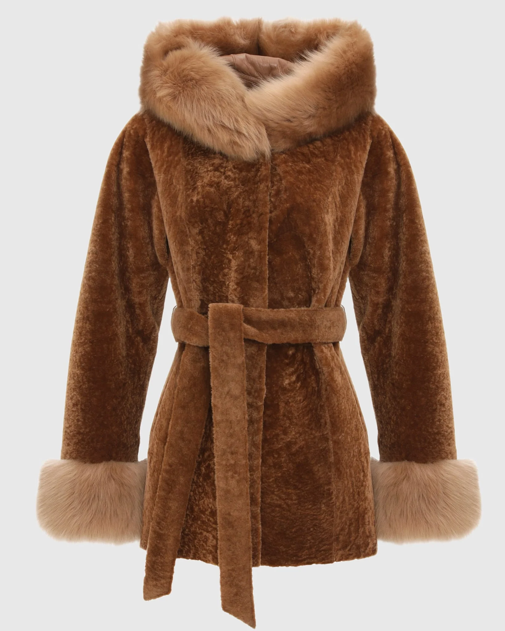 Textured Shearling Lamb Reversible Jacket With Merinillo Shearling Lamb Hood Trim & Cuffs, Belt - Image 18