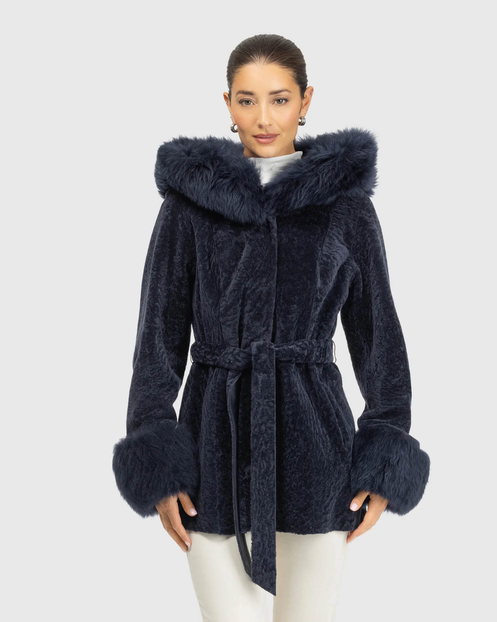 Textured Shearling Lamb Reversible Jacket With Merinillo Shearling Lamb Hood Trim & Cuffs, Belt - Image 2