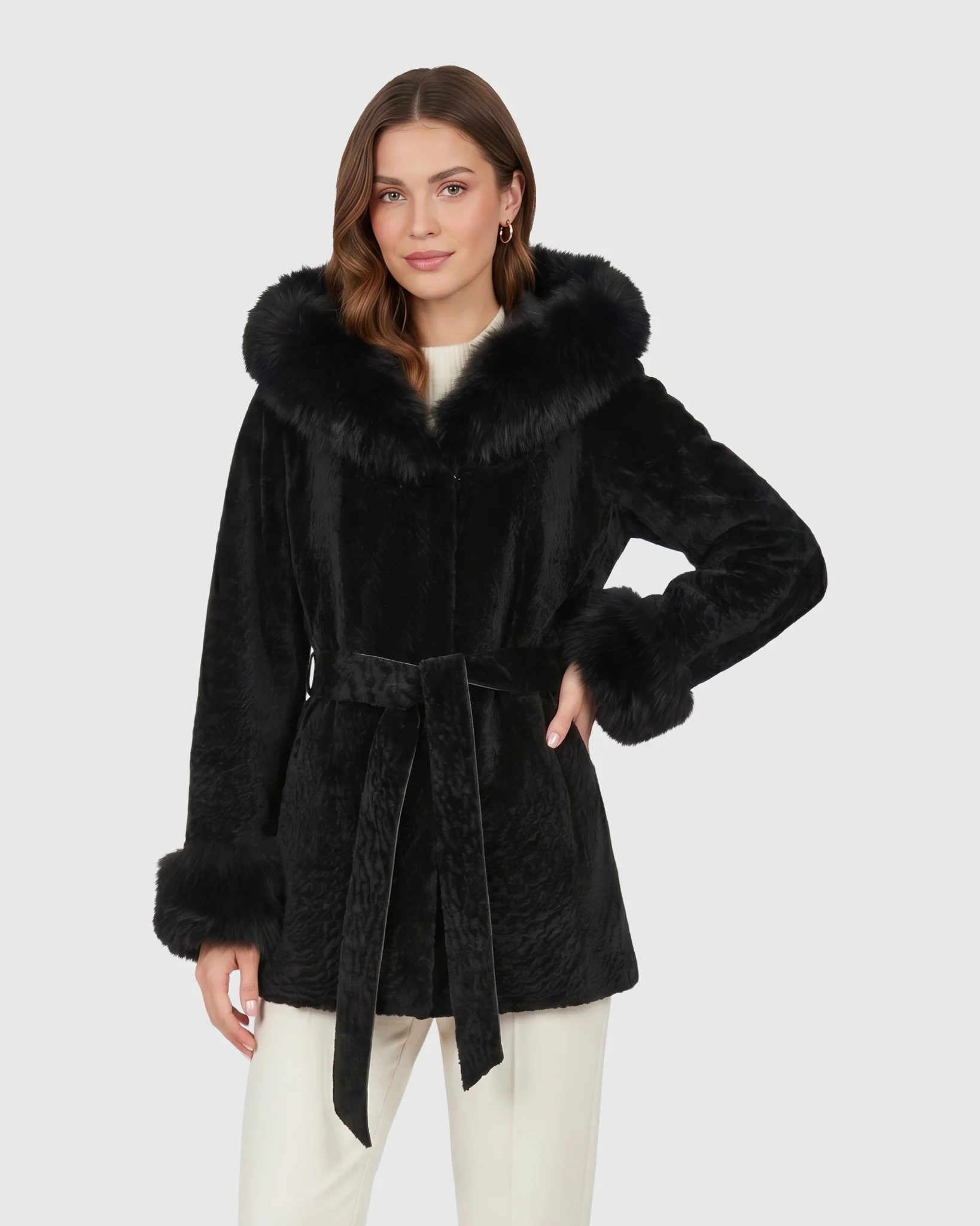 Textured Shearling Lamb Reversible Jacket With Merinillo Shearling Lamb Hood Trim & Cuffs, Belt - Image 20