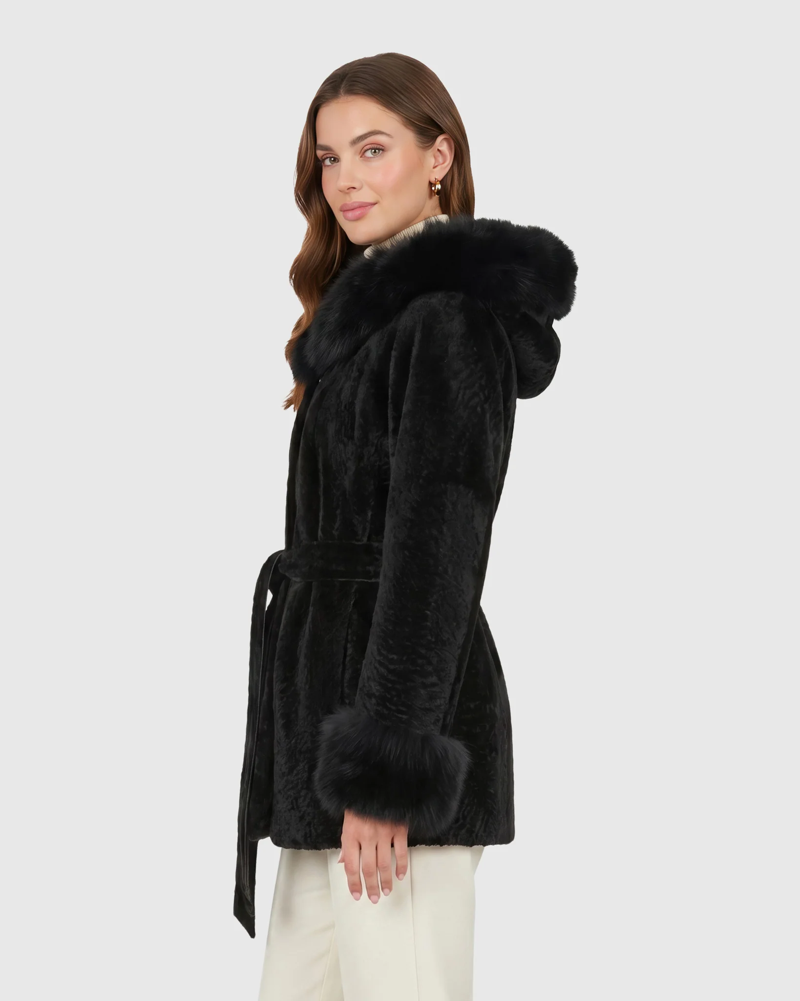 Textured Shearling Lamb Reversible Jacket With Merinillo Shearling Lamb Hood Trim & Cuffs, Belt - Image 21