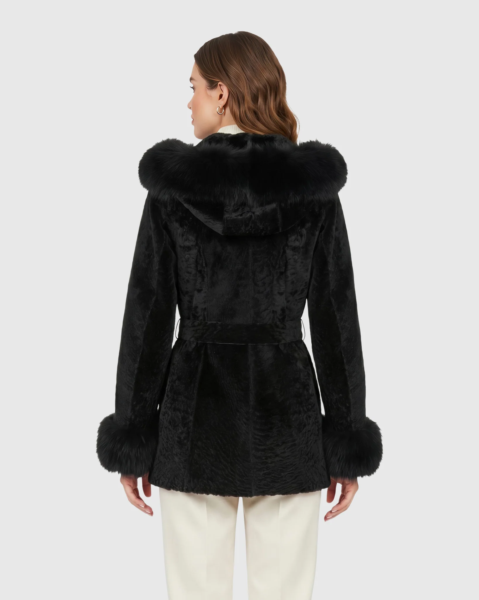 Textured Shearling Lamb Reversible Jacket With Merinillo Shearling Lamb Hood Trim & Cuffs, Belt - Image 22