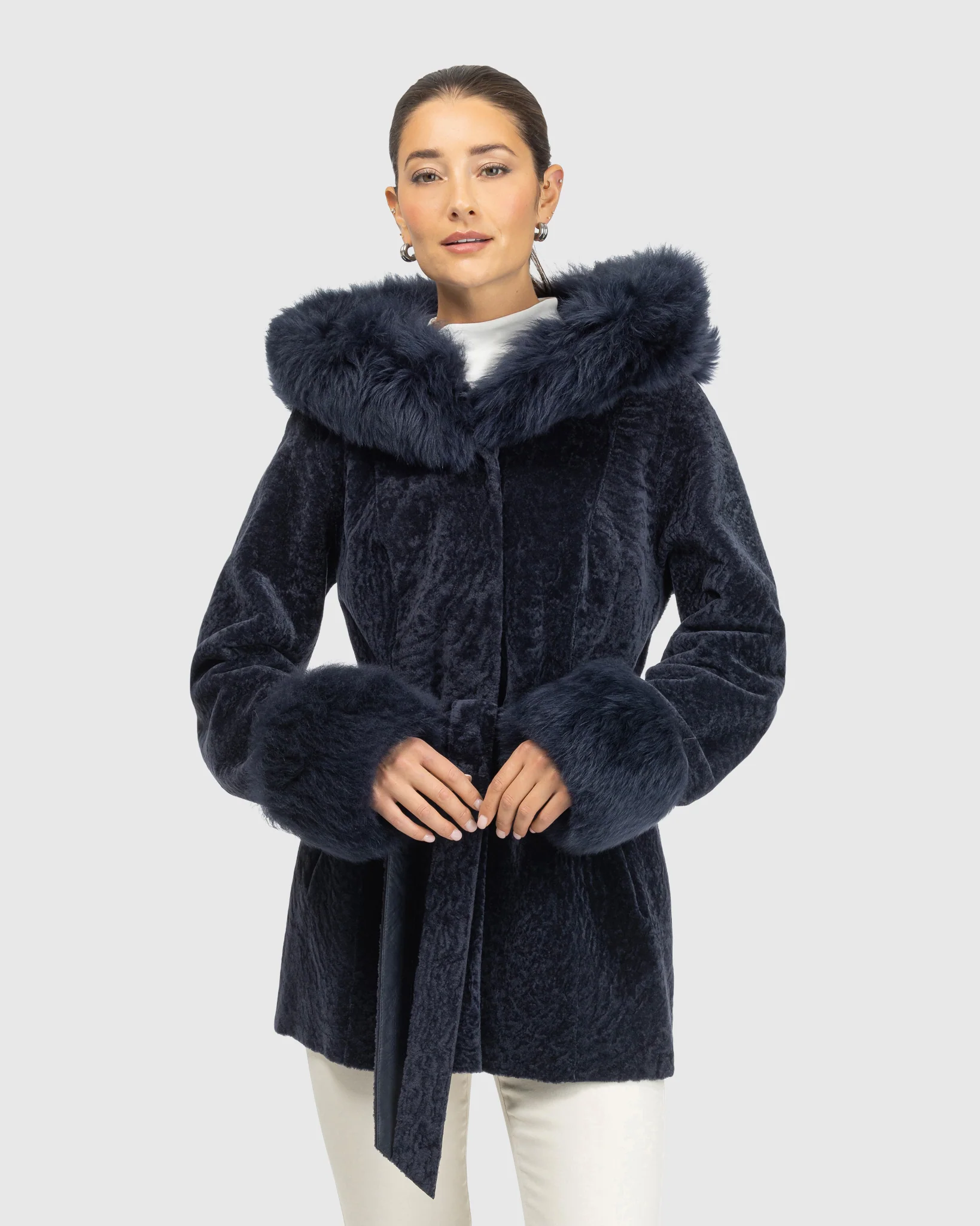 Textured Shearling Lamb Reversible Jacket With Merinillo Shearling Lamb Hood Trim & Cuffs, Belt - Image 3