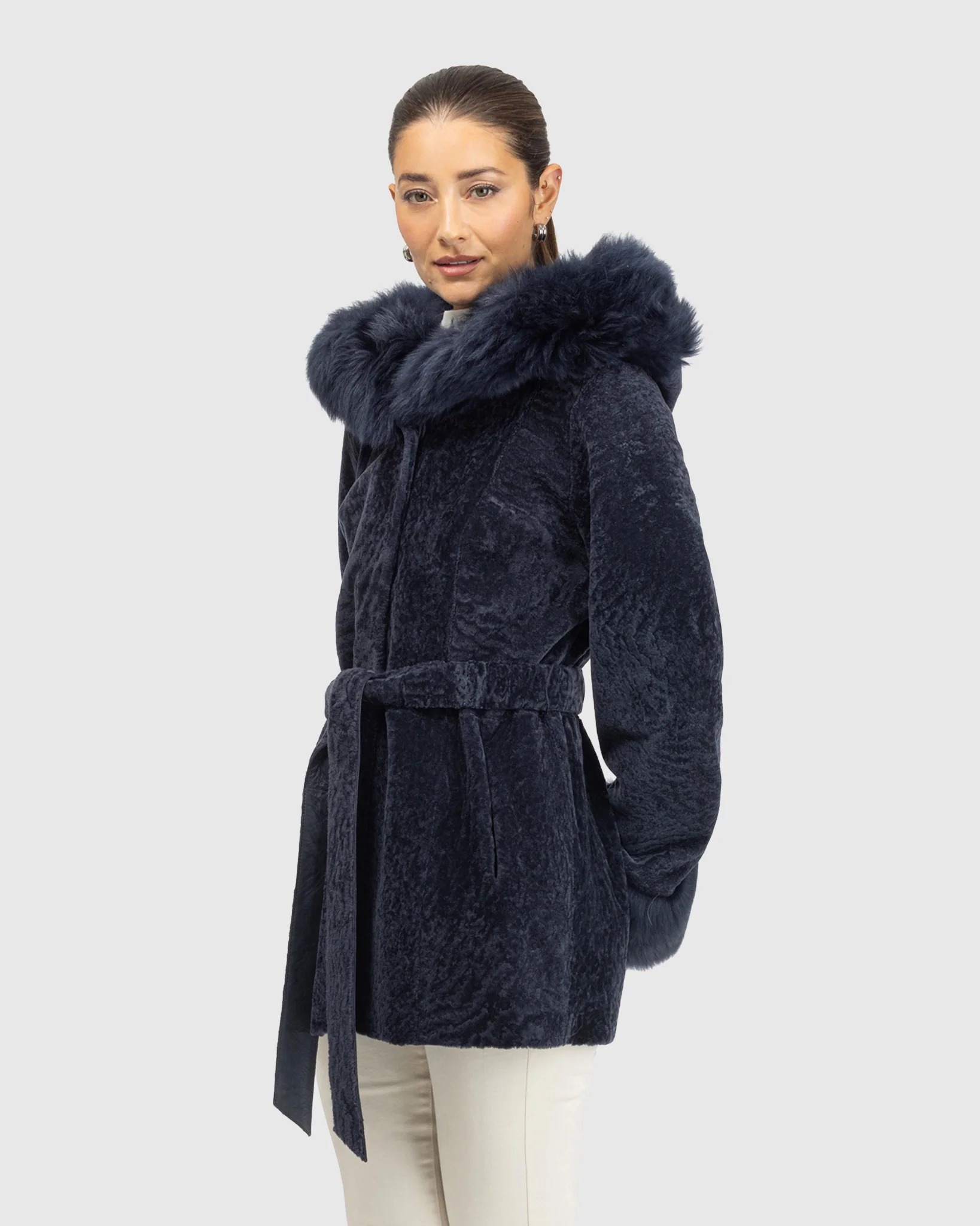 Textured Shearling Lamb Reversible Jacket With Merinillo Shearling Lamb Hood Trim & Cuffs, Belt - Image 4