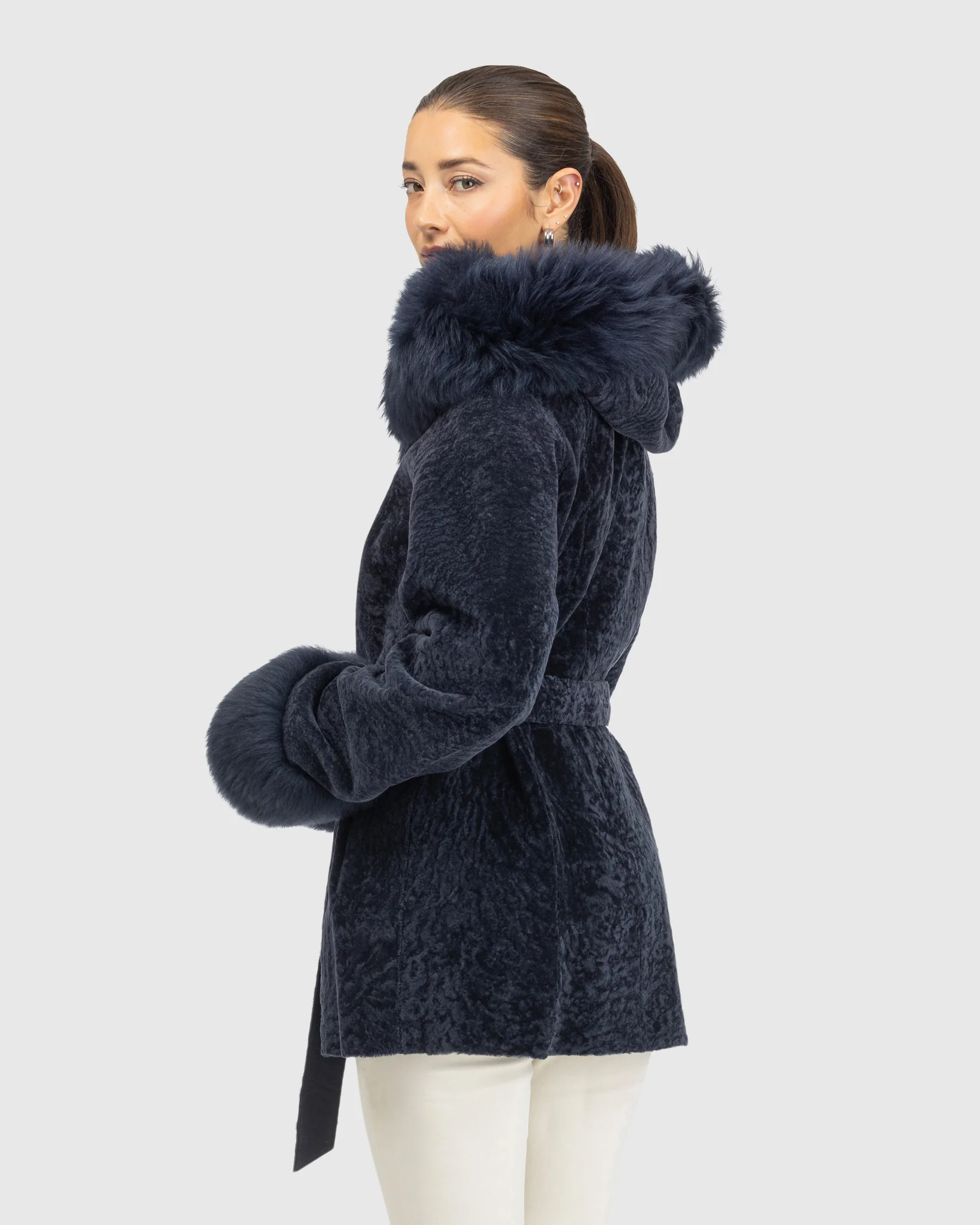 Textured Shearling Lamb Reversible Jacket With Merinillo Shearling Lamb Hood Trim & Cuffs, Belt - Image 5
