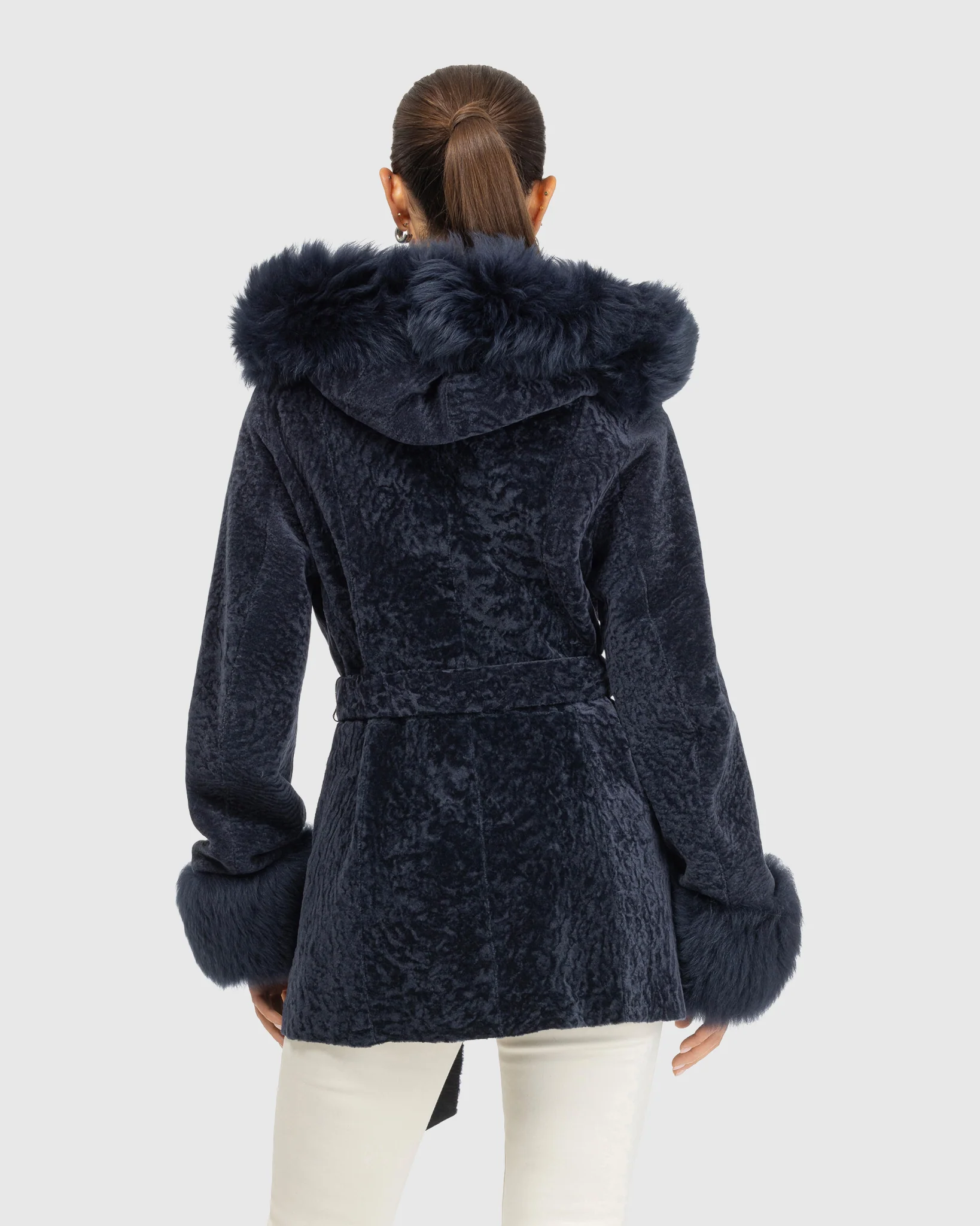 Textured Shearling Lamb Reversible Jacket With Merinillo Shearling Lamb Hood Trim & Cuffs, Belt - Image 6