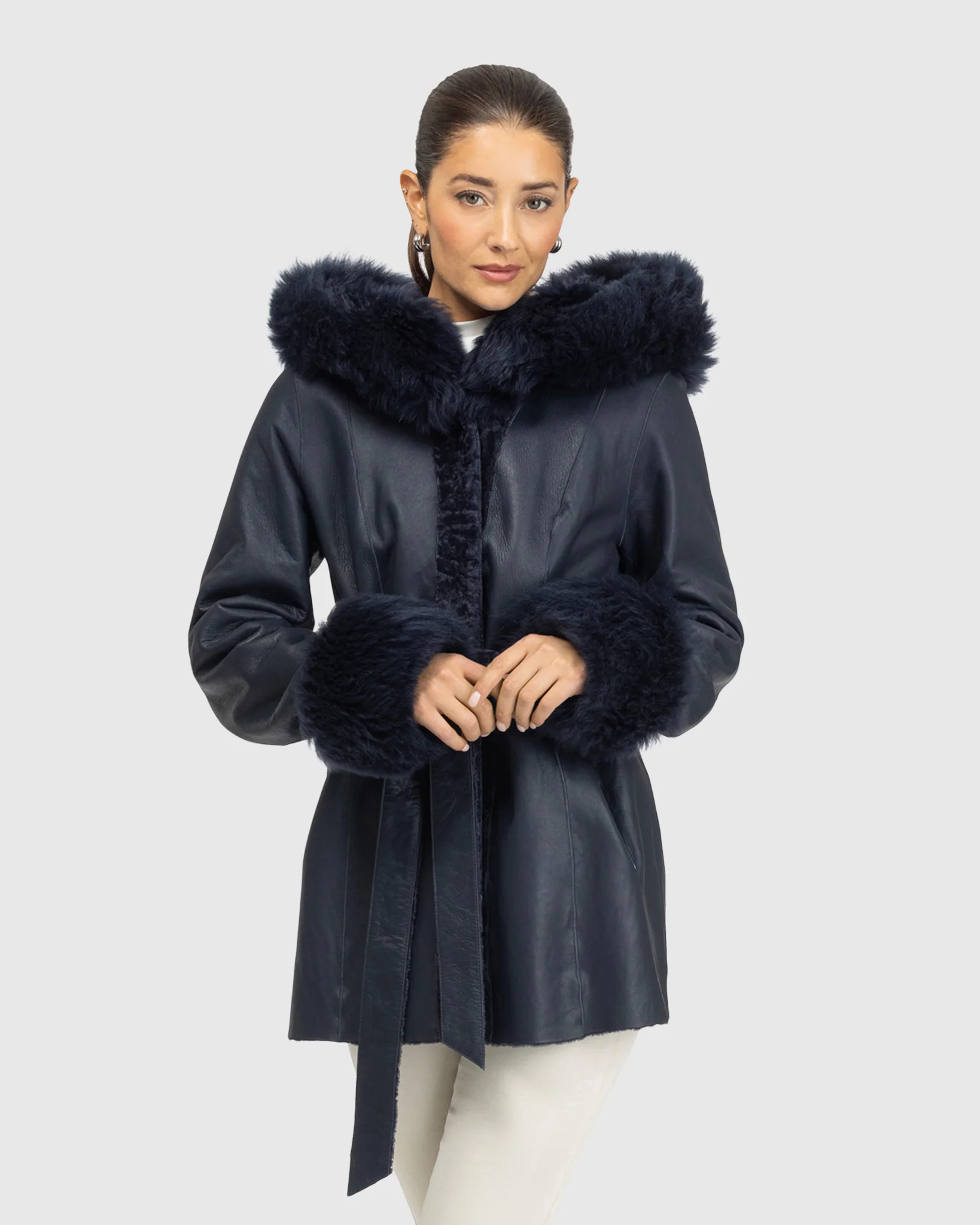 Textured Shearling Lamb Reversible Jacket With Merinillo Shearling Lamb Hood Trim & Cuffs, Belt - Image 7