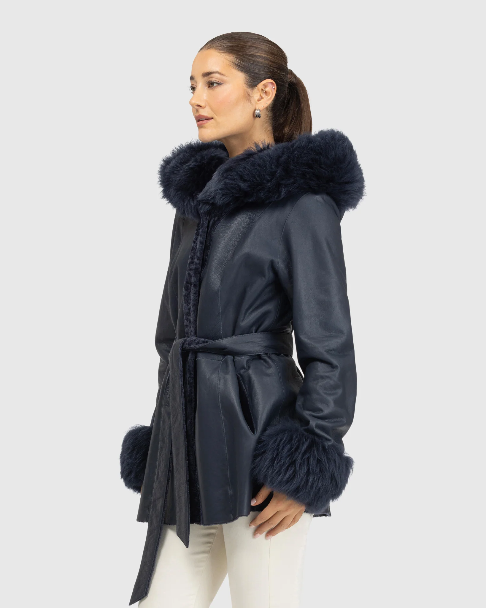 Textured Shearling Lamb Reversible Jacket With Merinillo Shearling Lamb Hood Trim & Cuffs, Belt - Image 8