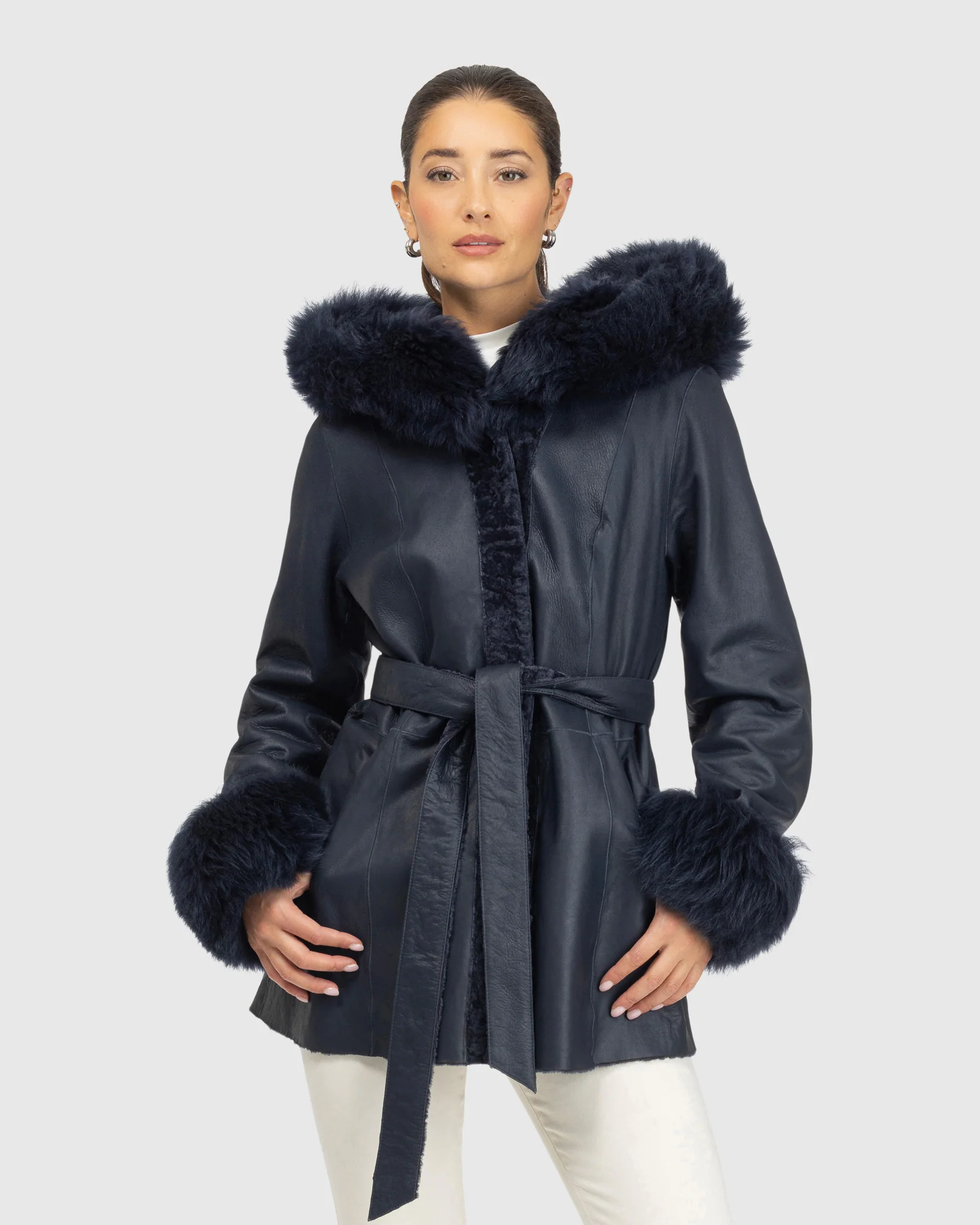 Textured Shearling Lamb Reversible Jacket With Merinillo Shearling Lamb Hood Trim & Cuffs, Belt - Image 9