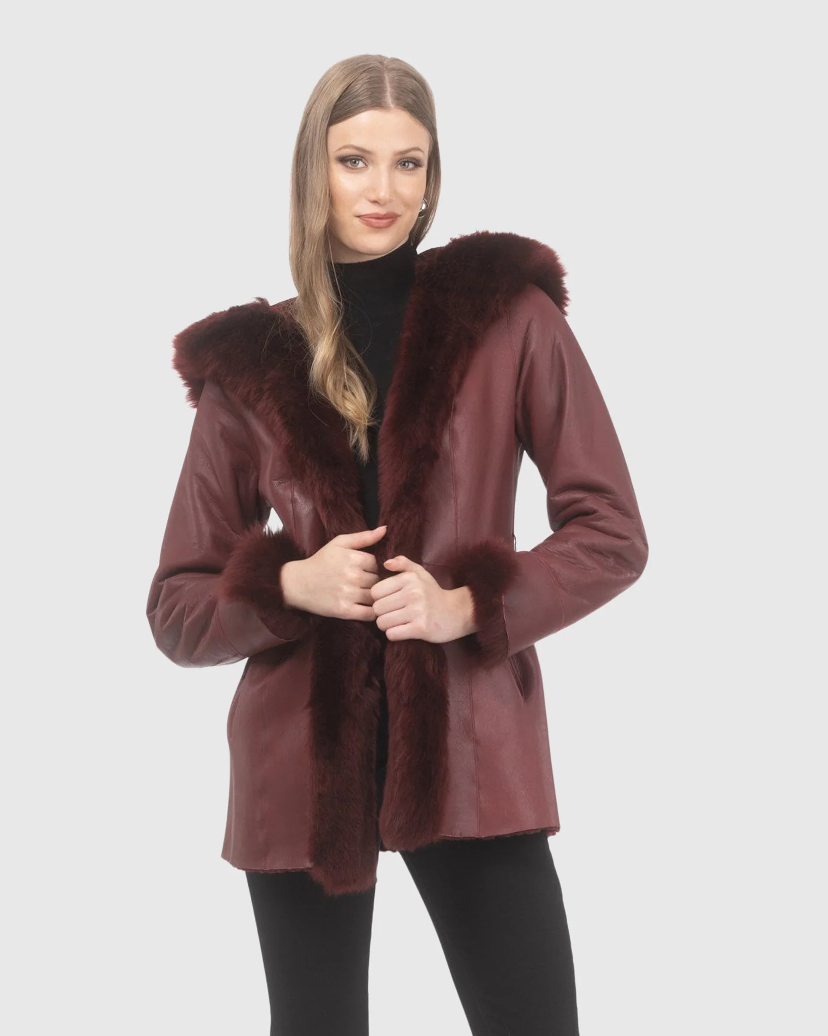 Textured Shearling Lamb Reversible Parka With Merinillo Shearling Lamb Hood Trim, Tuxedo, Cuffs & Belt - Image 20