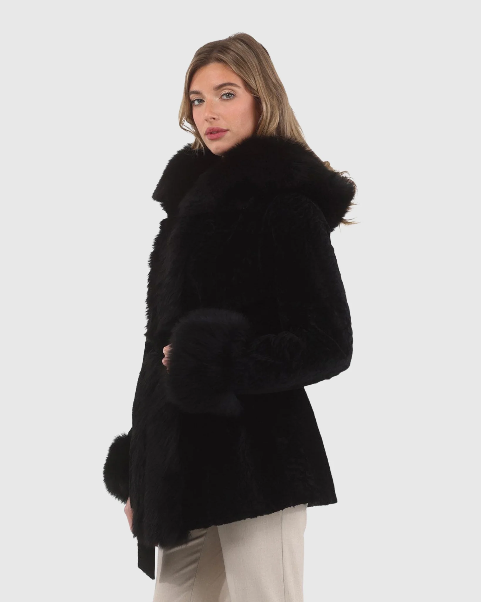 Textured Shearling Lamb Reversible Parka With Merinillo Shearling Lamb Hood Trim, Tuxedo, Cuffs & Belt - Image 5