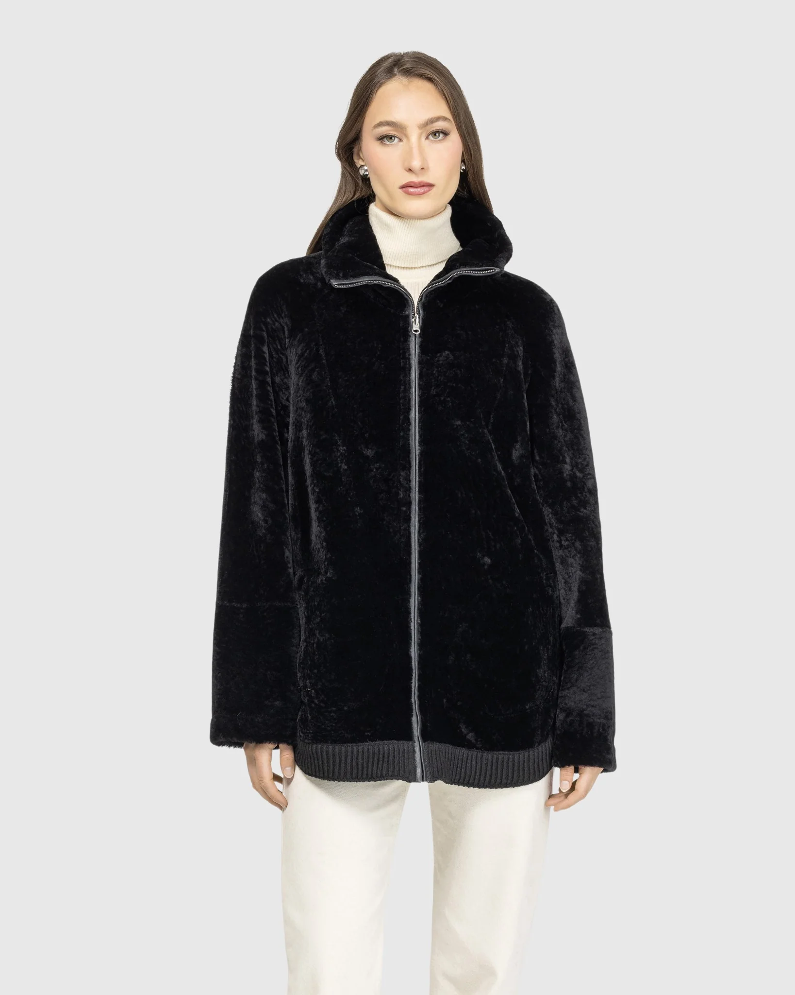 Textured Shearling Lamb Zip Jacket - Image 10