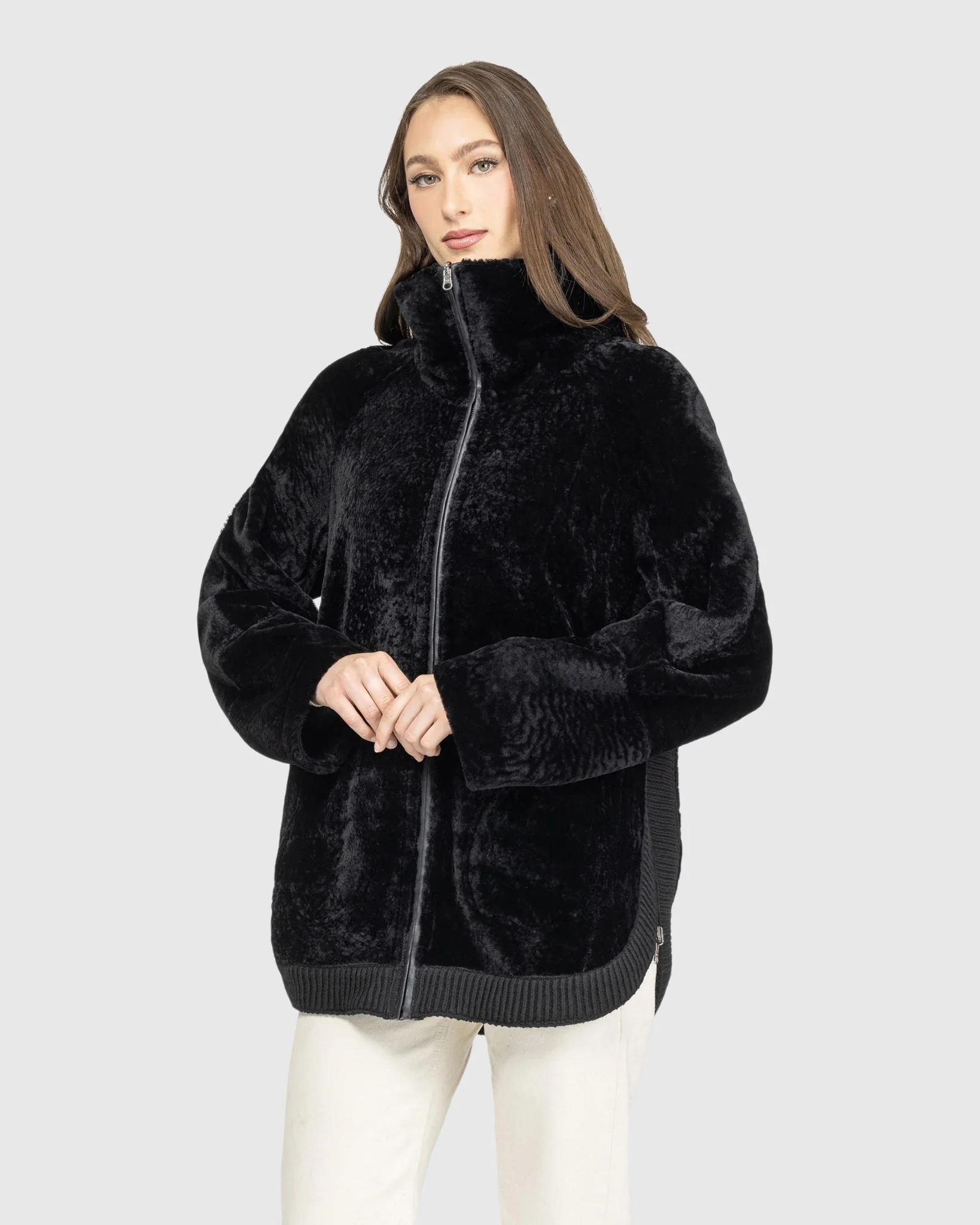 Textured Shearling Lamb Zip Jacket - Image 11