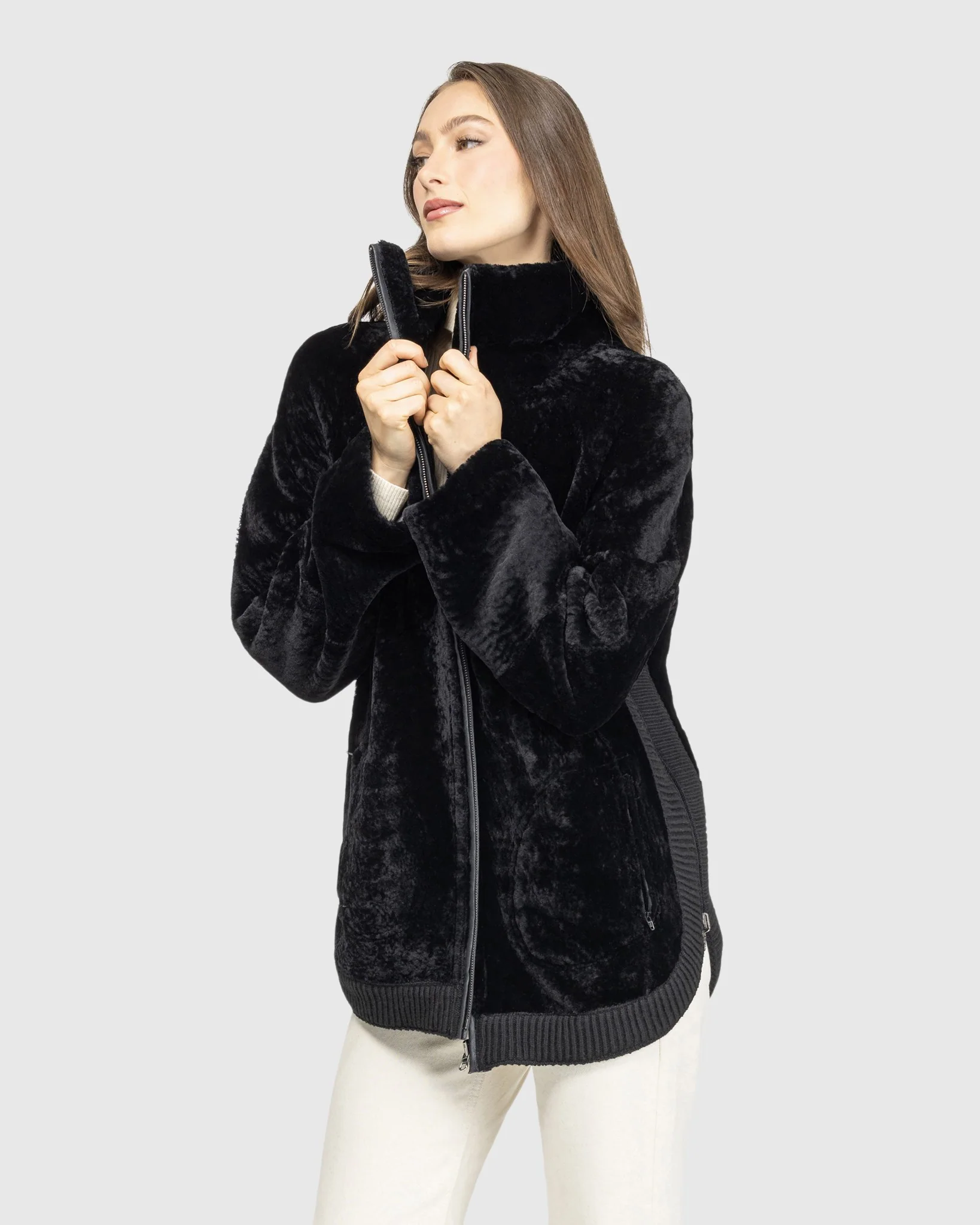Textured Shearling Lamb Zip Jacket - Image 13