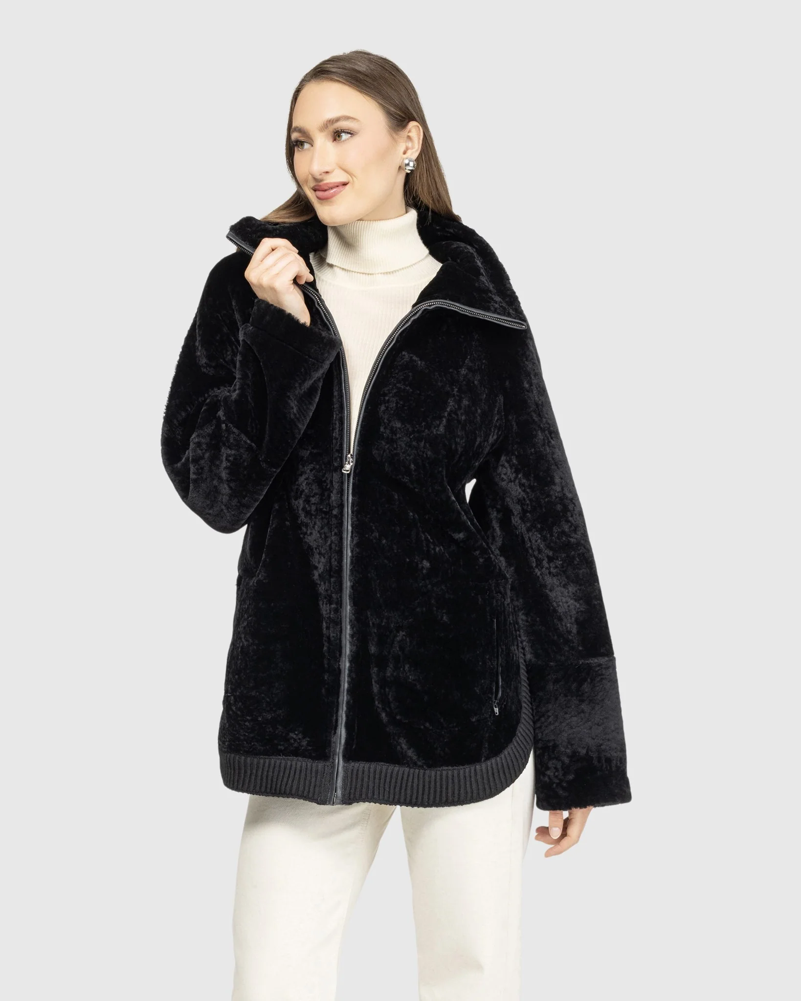 Textured Shearling Lamb Zip Jacket - Image 14