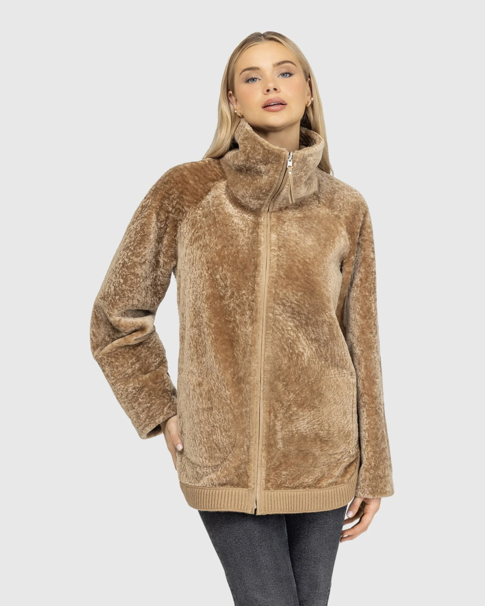 Textured Shearling Lamb Zip Jacket - Image 16