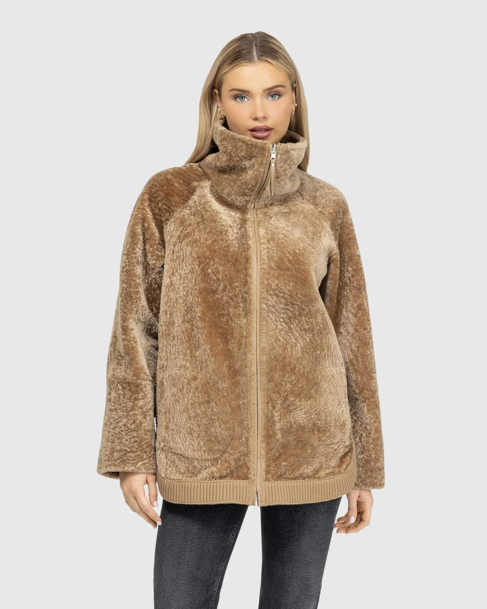 Textured Shearling Lamb Zip Jacket - Image 17