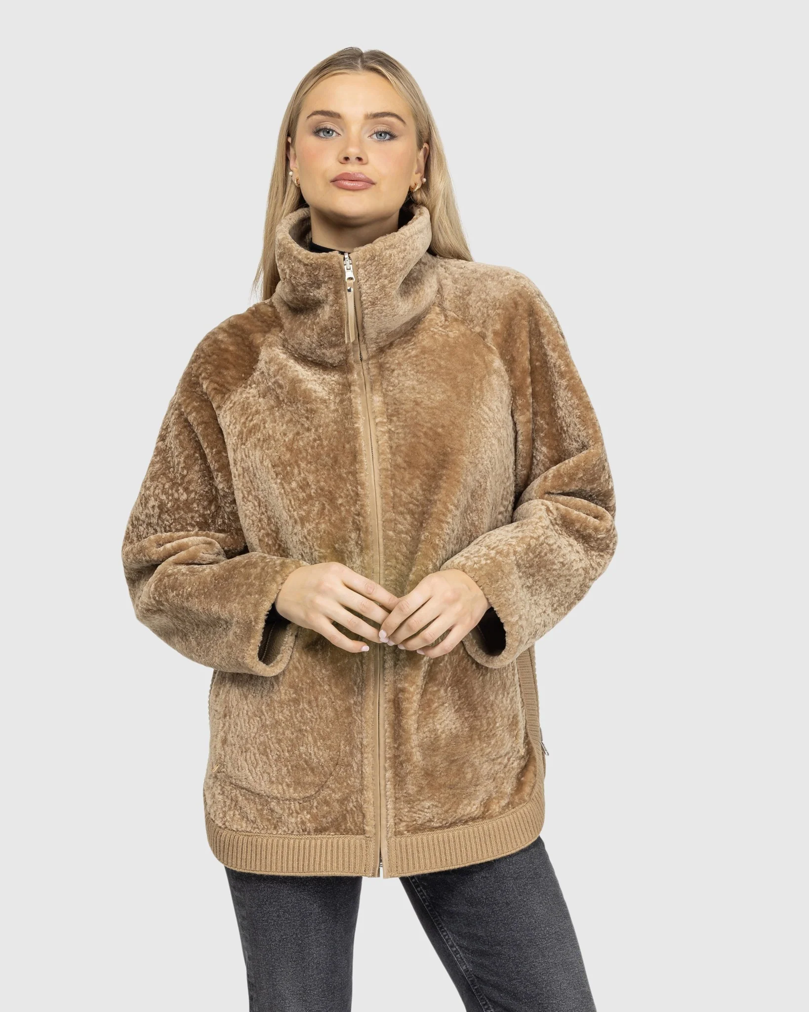 Textured Shearling Lamb Zip Jacket - Image 18