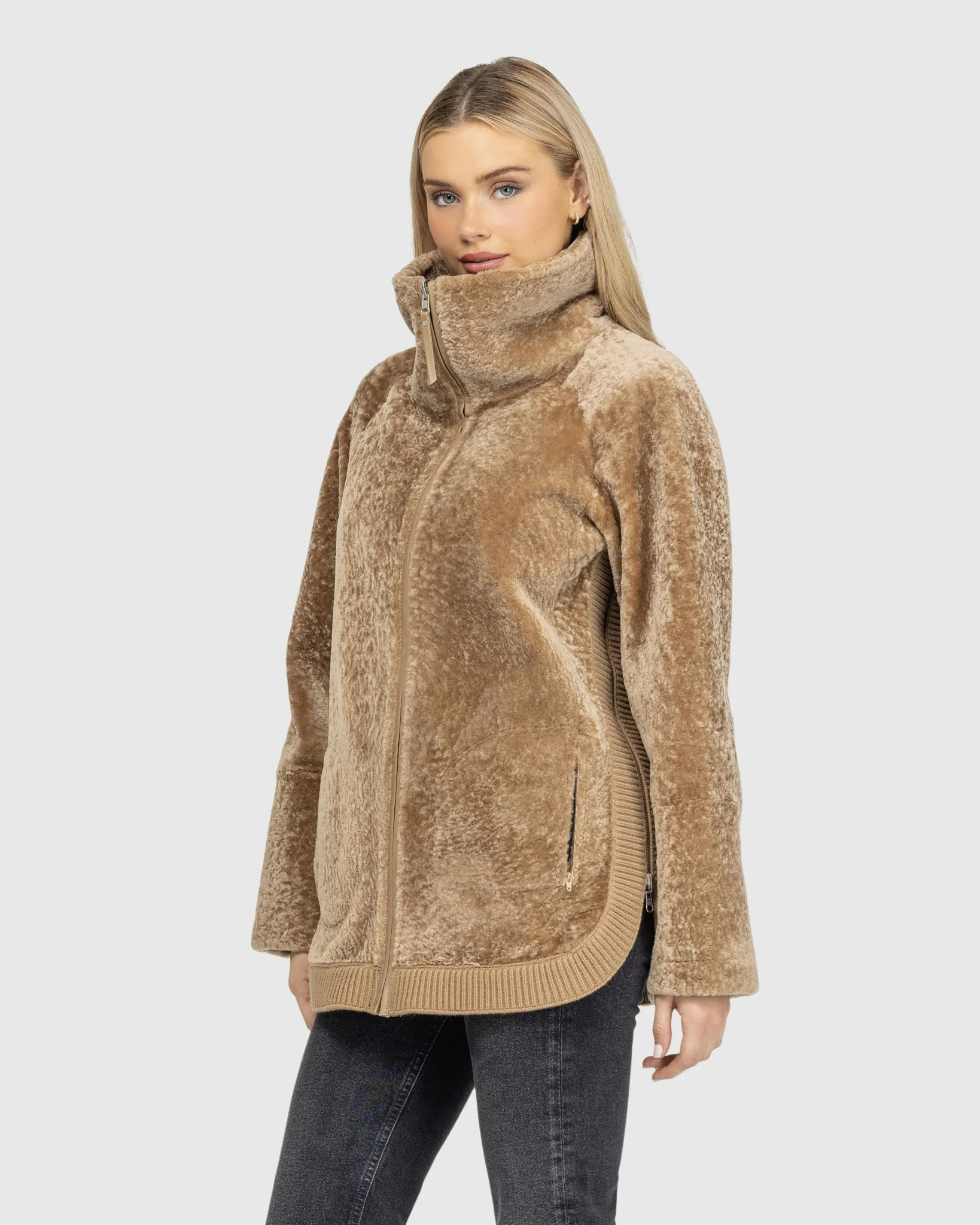 Textured Shearling Lamb Zip Jacket - Image 19