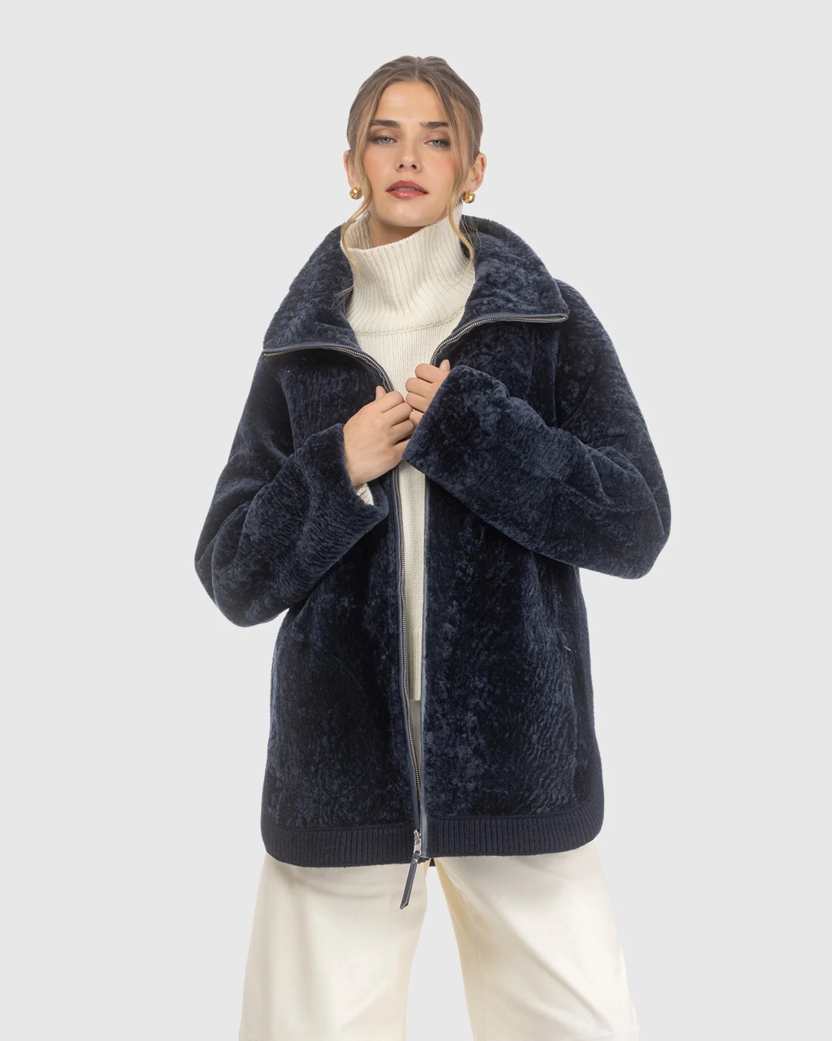 Textured Shearling Lamb Zip Jacket - Image 2