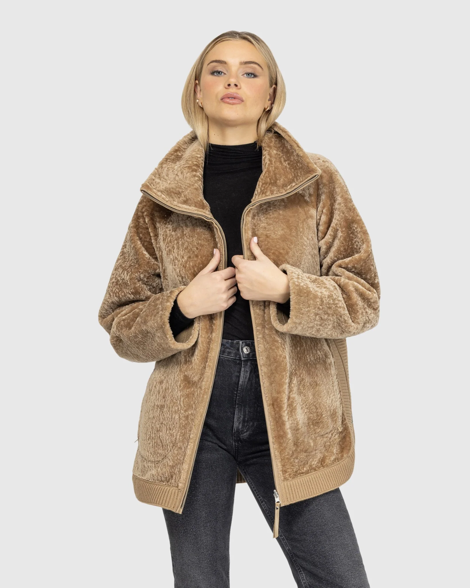 Textured Shearling Lamb Zip Jacket - Image 22