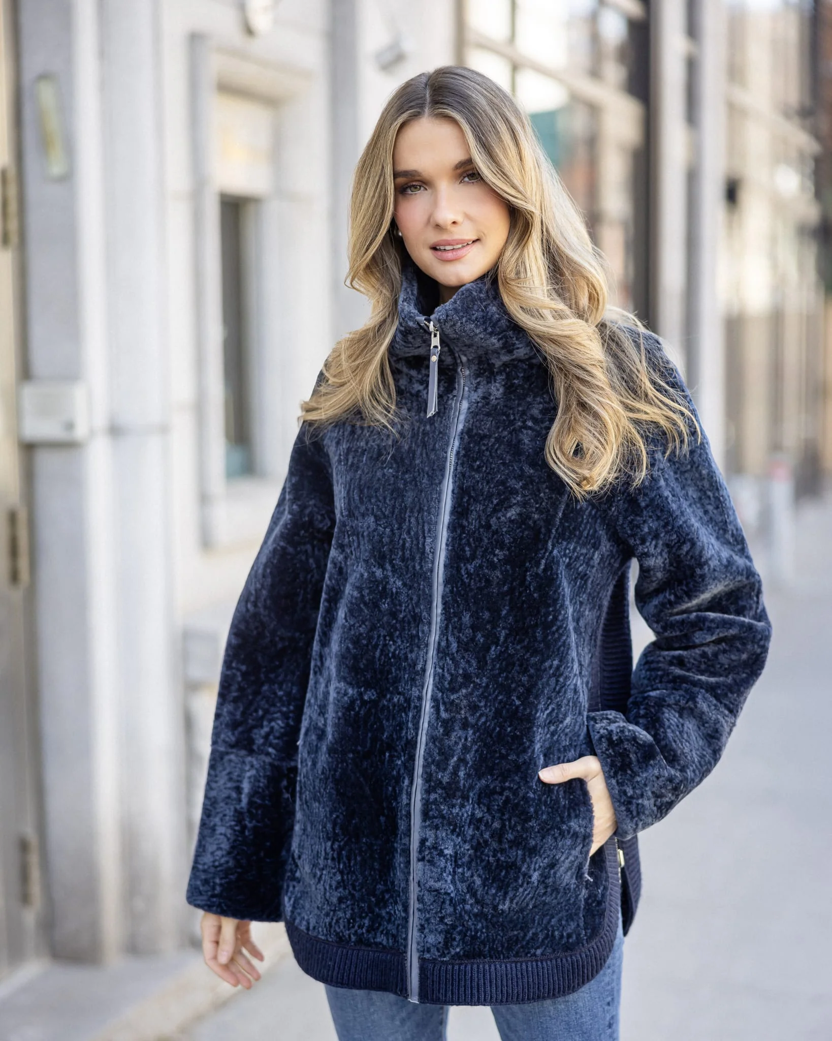 Textured Shearling Lamb Zip Jacket - Image 24