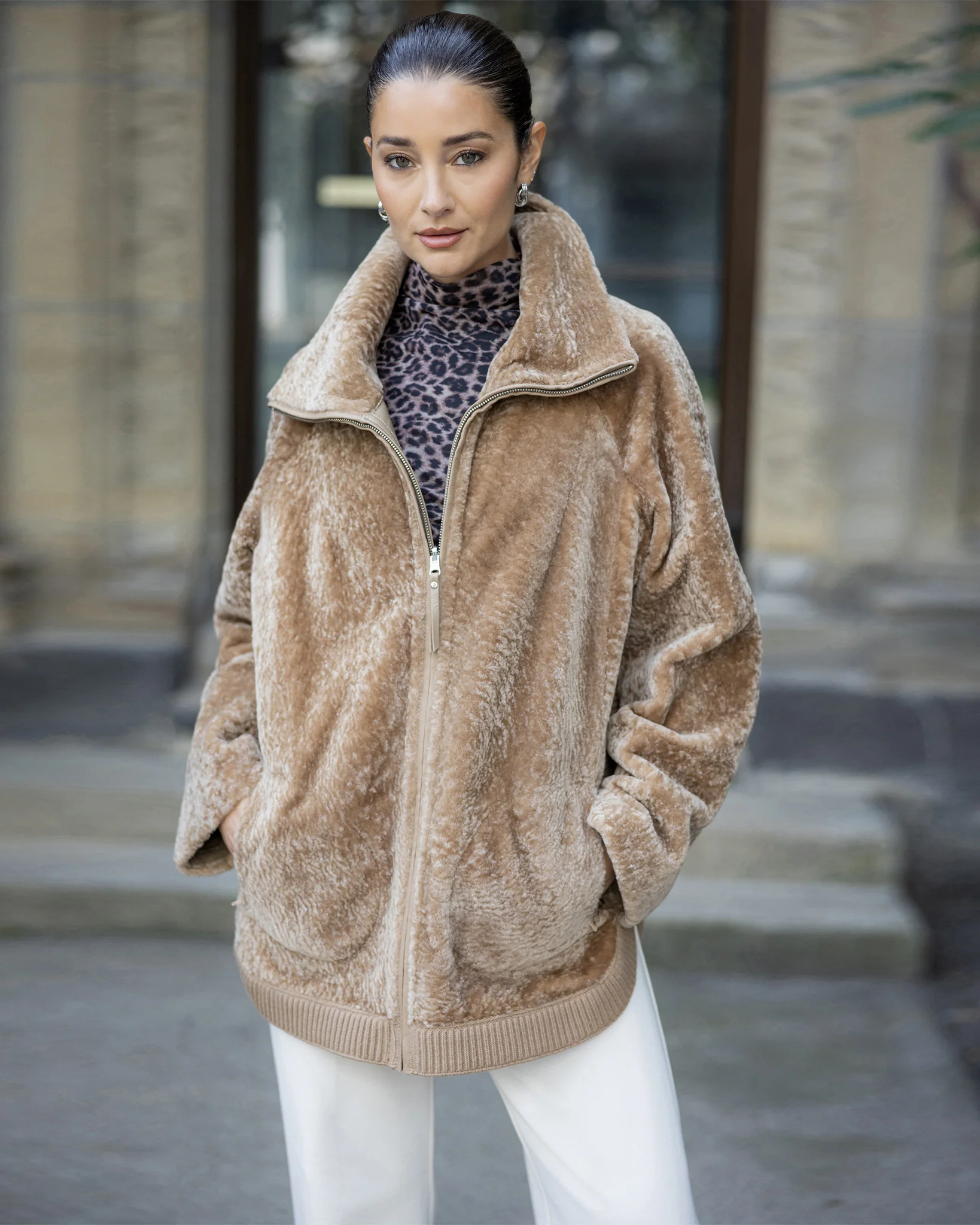 Textured Shearling Lamb Zip Jacket - Image 25