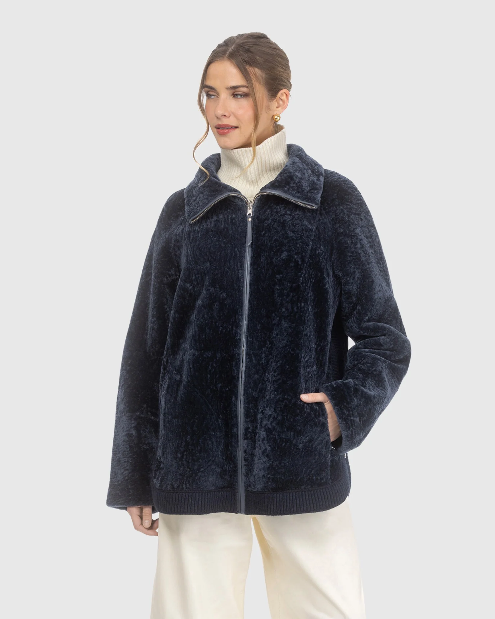 Textured Shearling Lamb Zip Jacket - Image 3