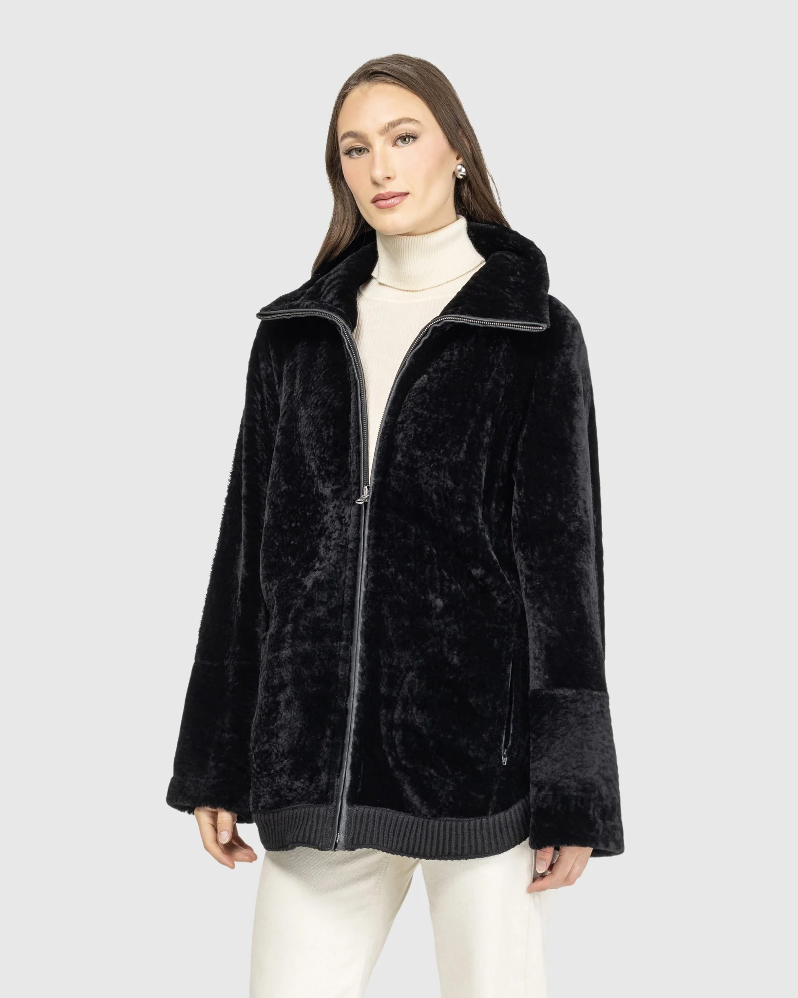 Textured Shearling Lamb Zip Jacket - Image 8