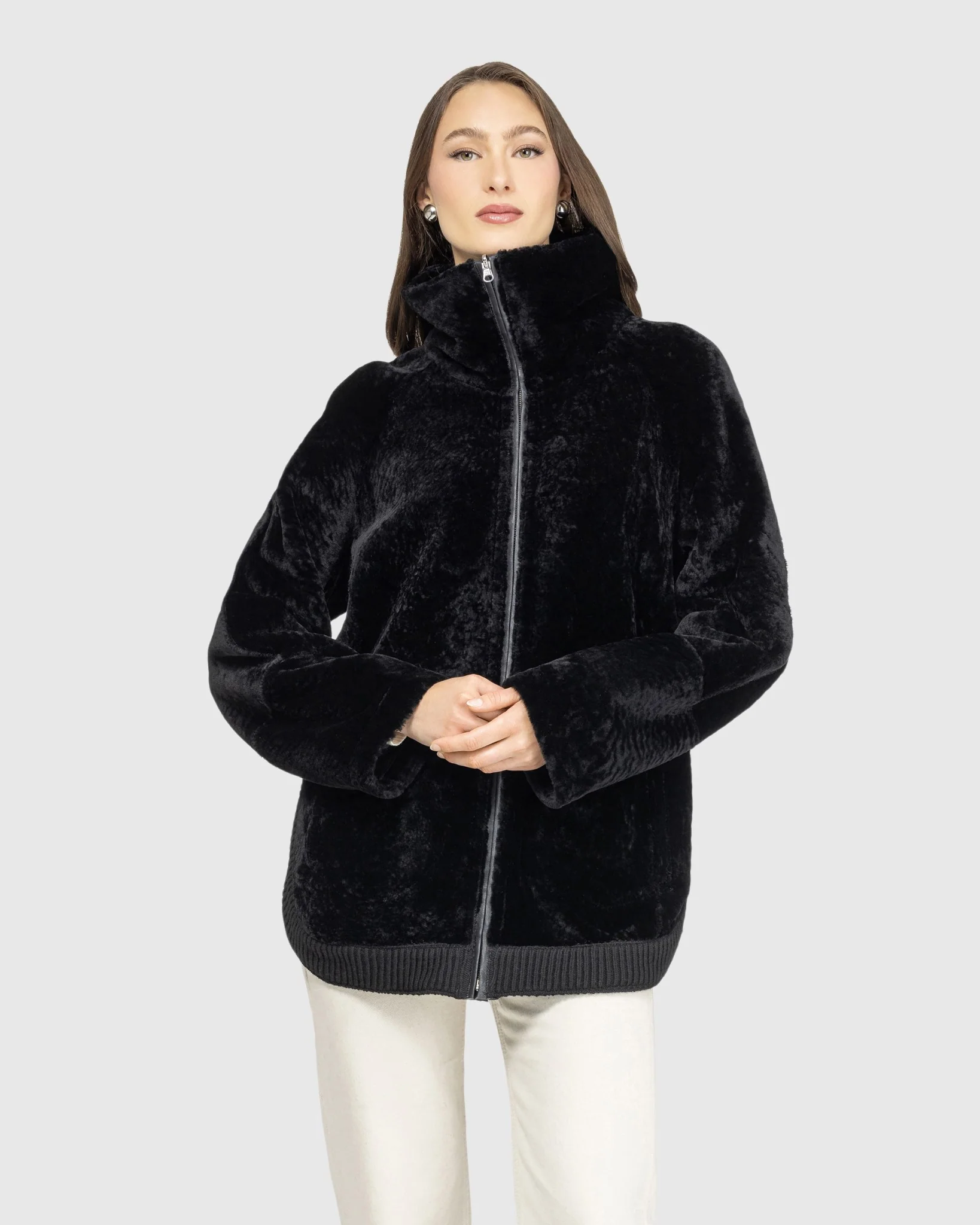 Textured Shearling Lamb Zip Jacket - Image 9