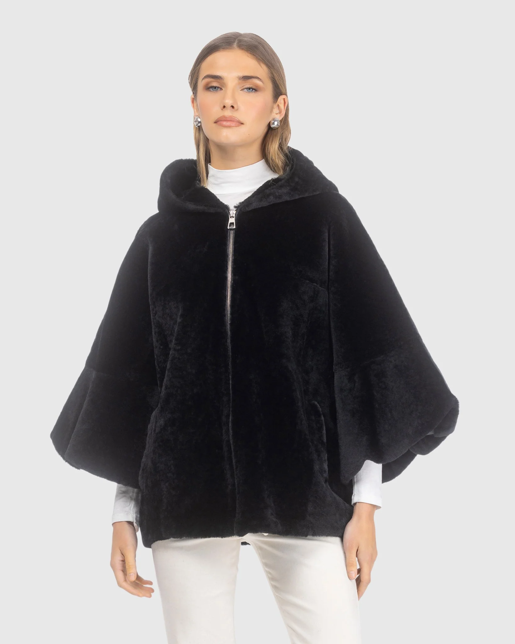 Textured Shearling Lamb Zip Jacket With Hood, Cropped Sleeves