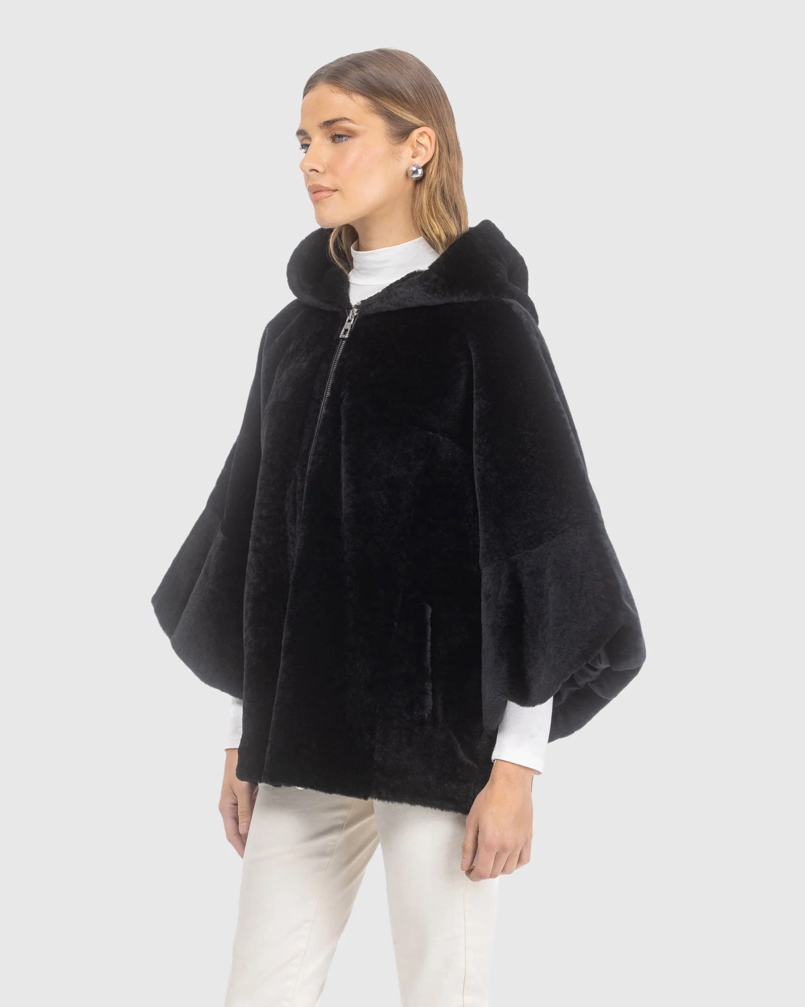 Textured Shearling Lamb Zip Jacket With Hood, Cropped Sleeves - Image 2