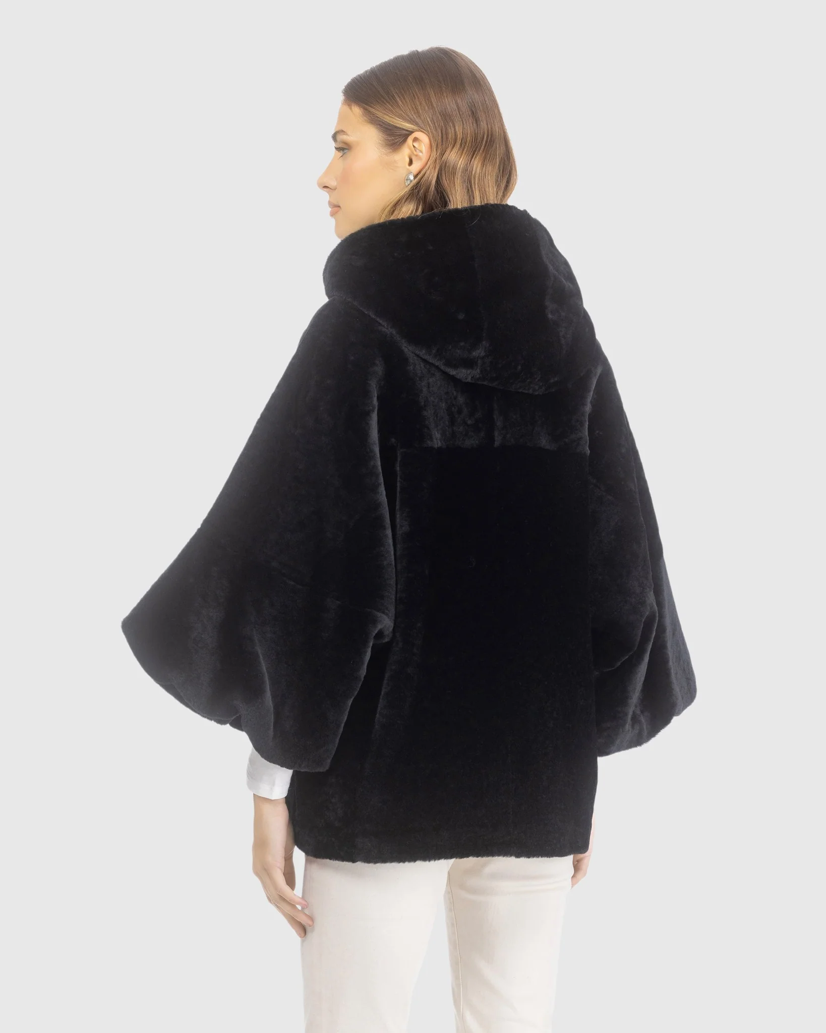 Textured Shearling Lamb Zip Jacket With Hood, Cropped Sleeves - Image 3
