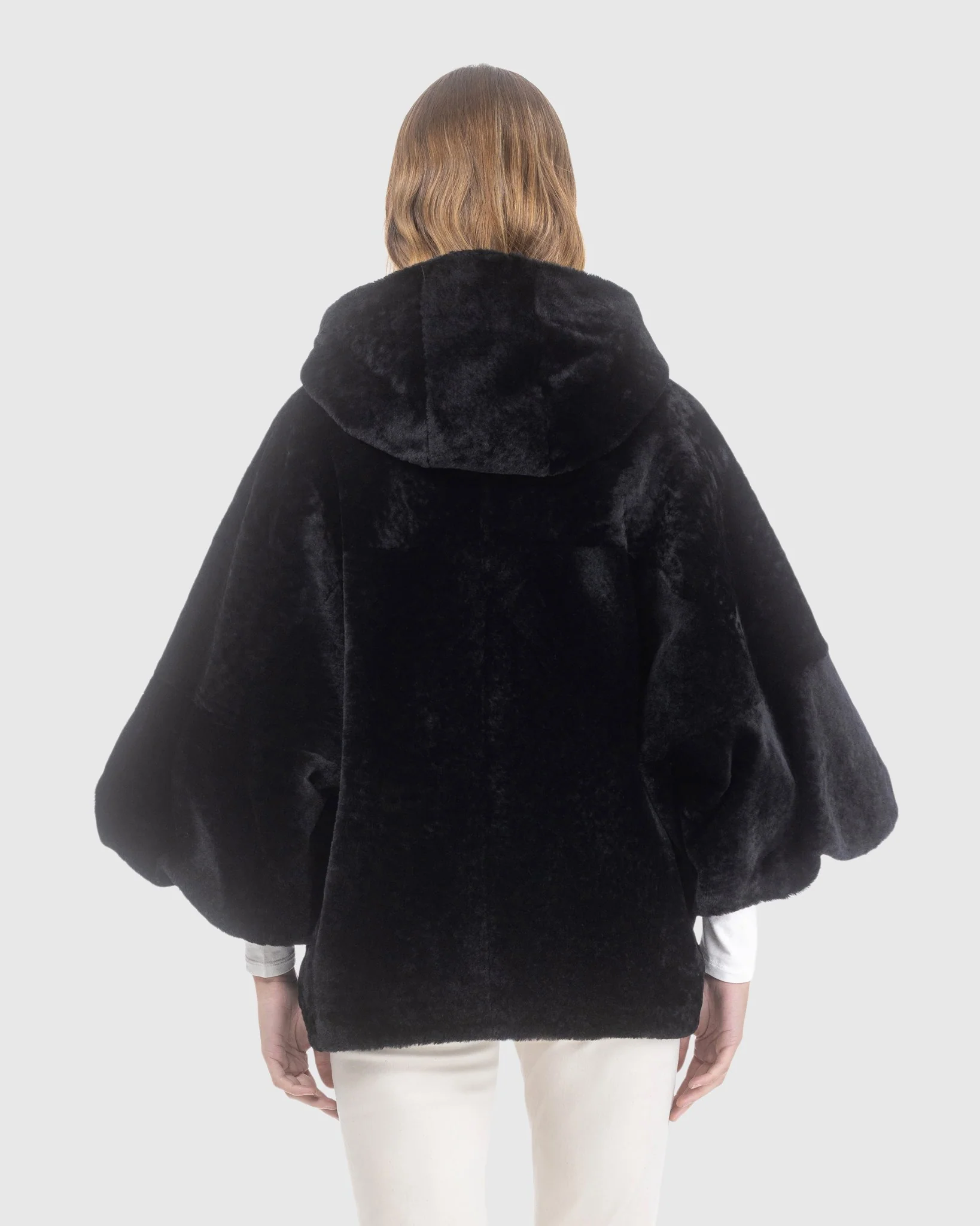 Textured Shearling Lamb Zip Jacket With Hood, Cropped Sleeves - Image 4
