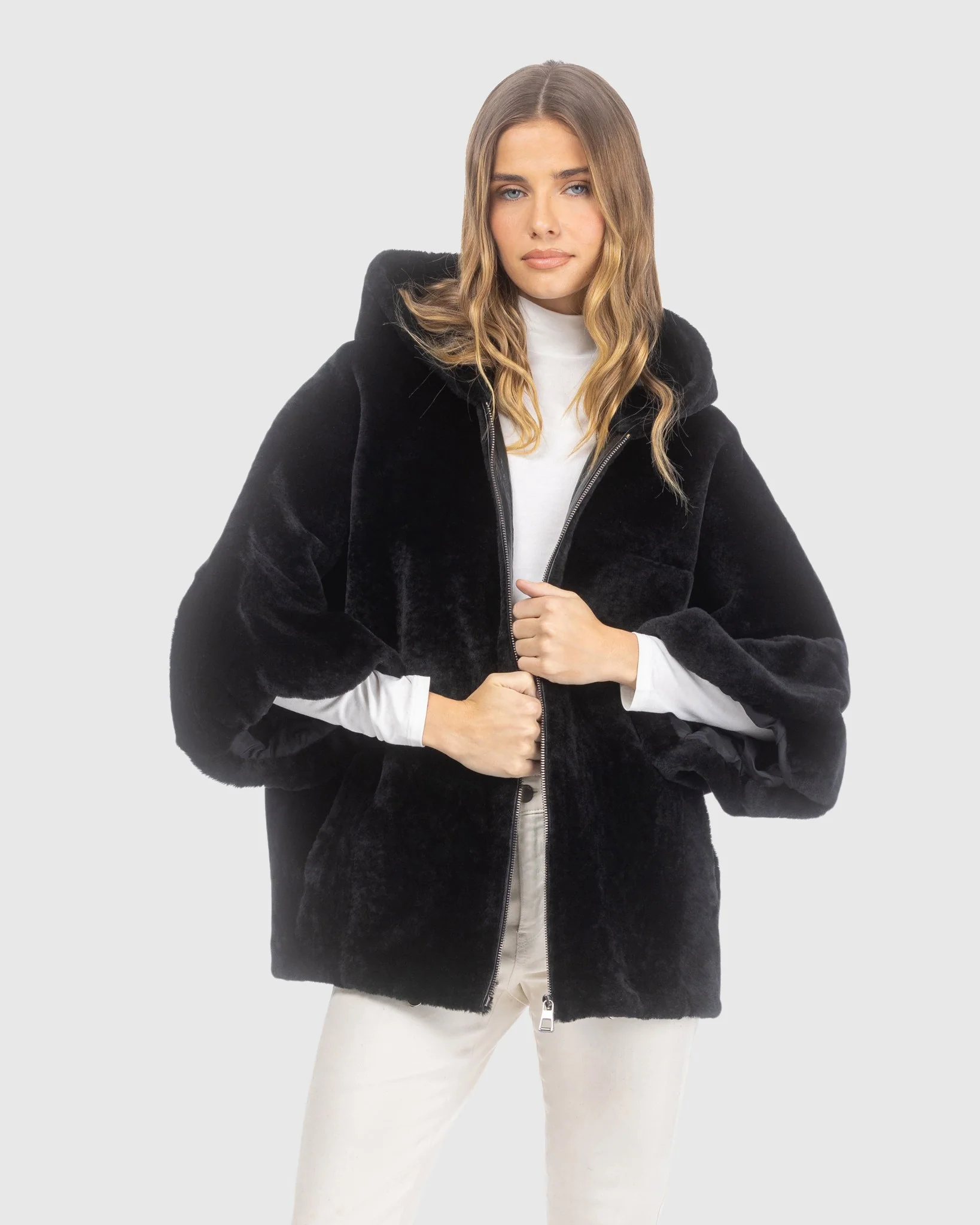 Textured Shearling Lamb Zip Jacket With Hood, Cropped Sleeves - Image 5