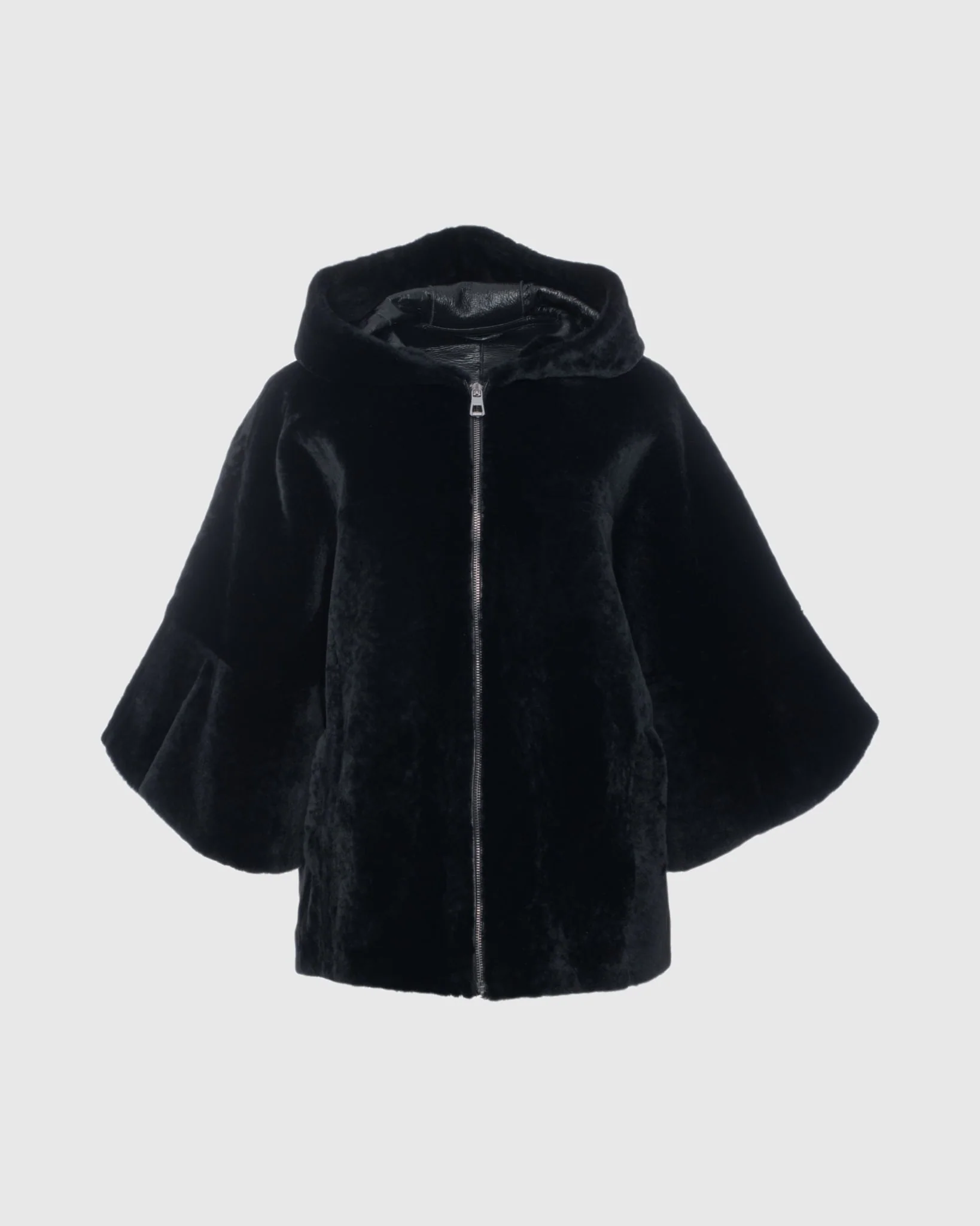 Textured Shearling Lamb Zip Jacket With Hood, Cropped Sleeves - Image 6