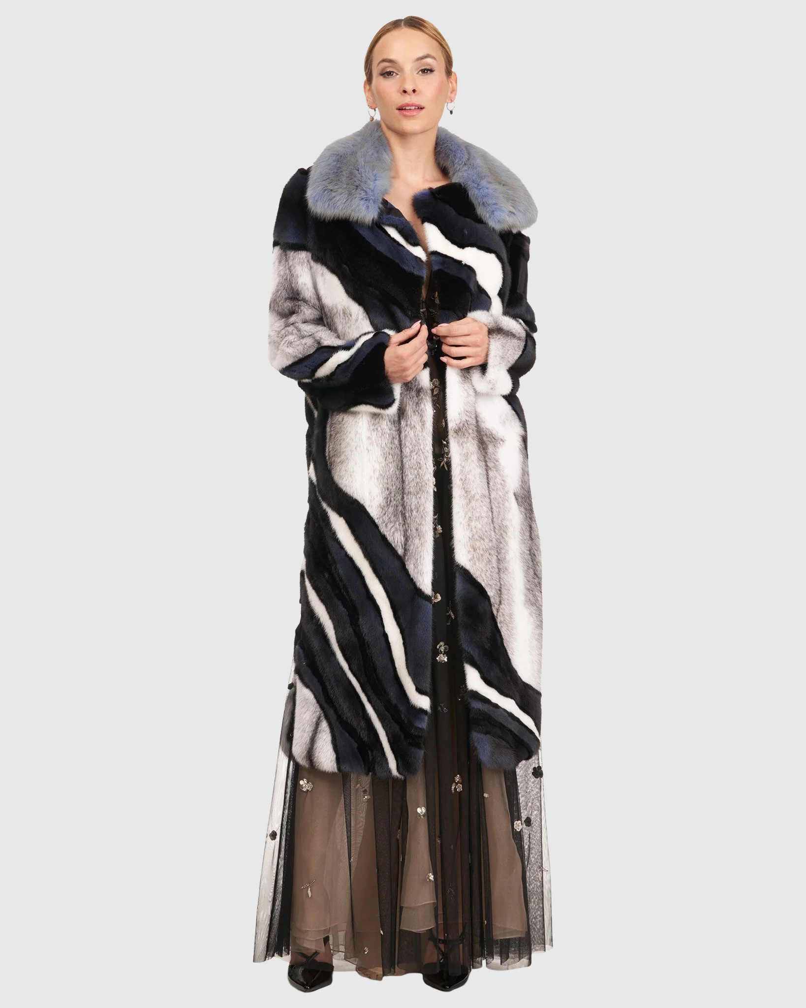 Wave Intarsia Mink Short Coat with Detachable Sable Collar