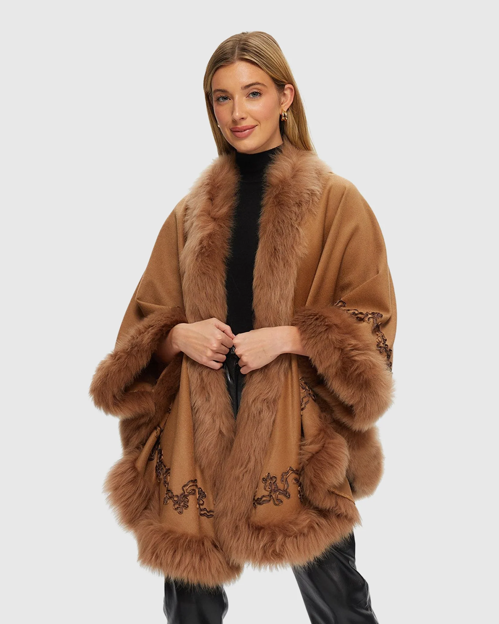 WOOL AND CASHMERE CAPE WITH LAMB TRIM AND RIBBON EMBROIDERY - Image 13