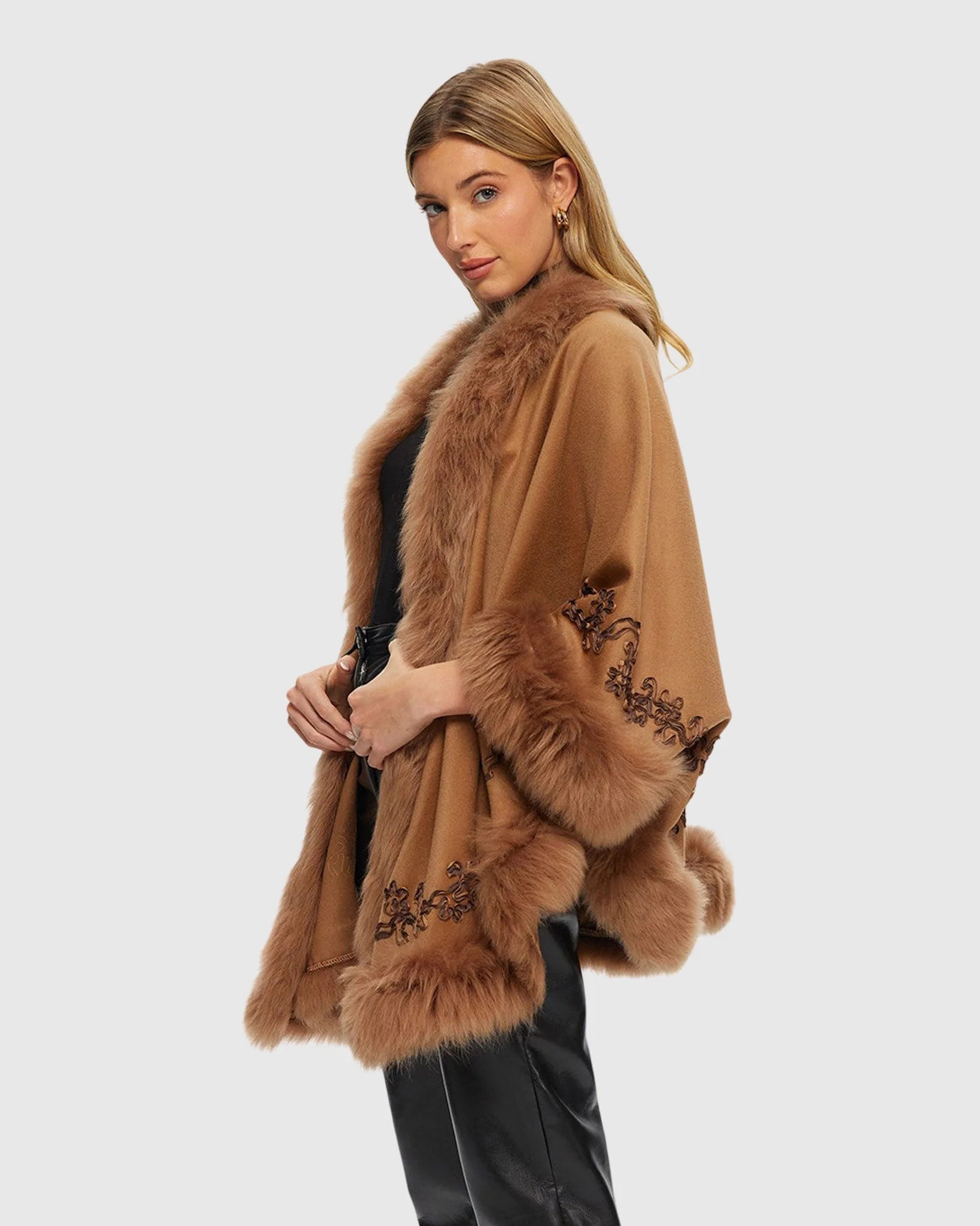 WOOL AND CASHMERE CAPE WITH LAMB TRIM AND RIBBON EMBROIDERY - Image 14