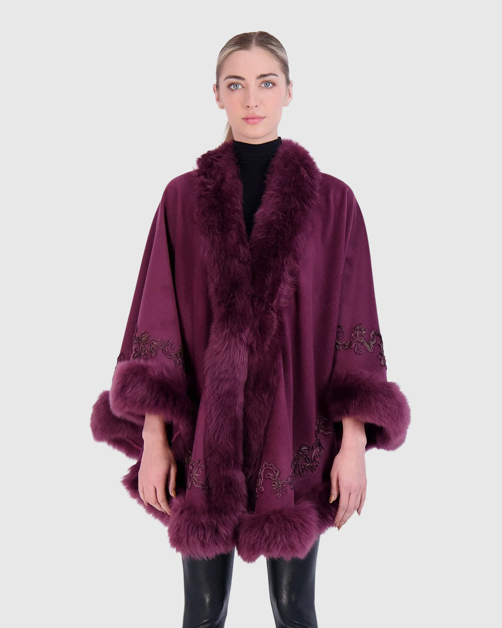WOOL AND CASHMERE CAPE WITH LAMB TRIM AND RIBBON EMBROIDERY - Image 3