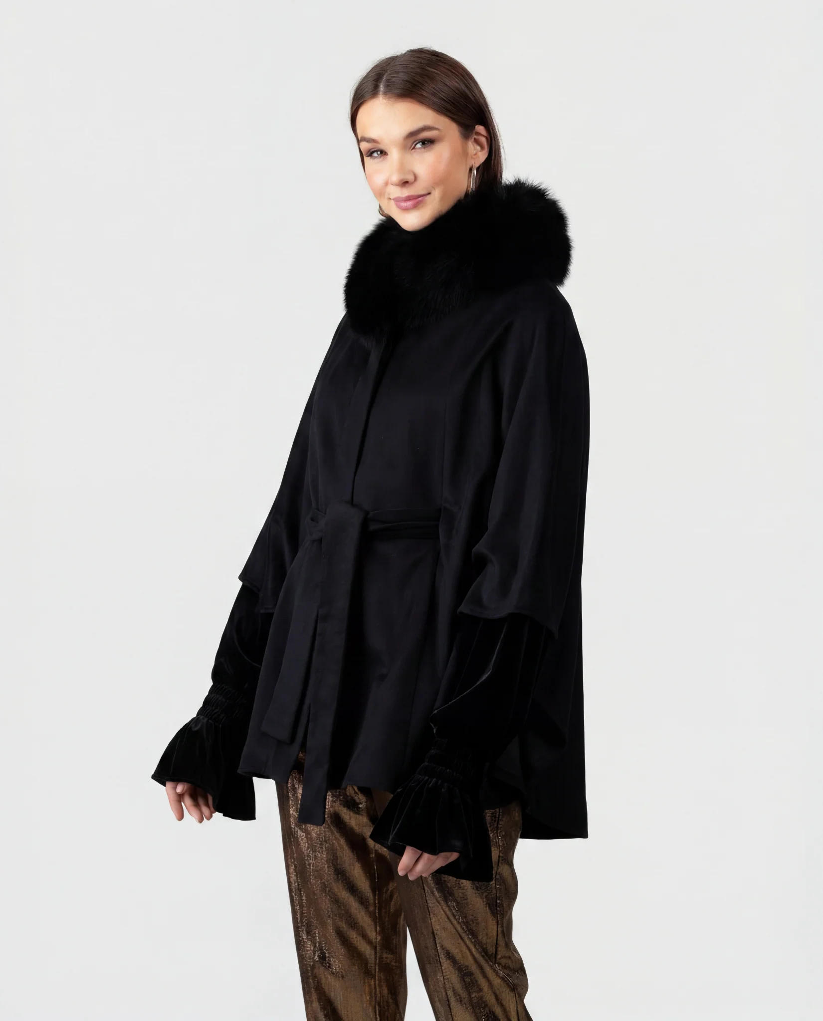 WOOL BELTED CAPE WITH FOX COLLAR - Image 2