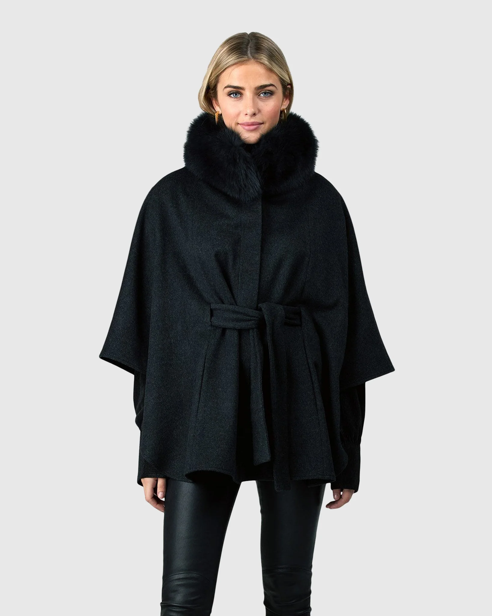 WOOL BELTED CAPE WITH FOX COLLAR - Image 3