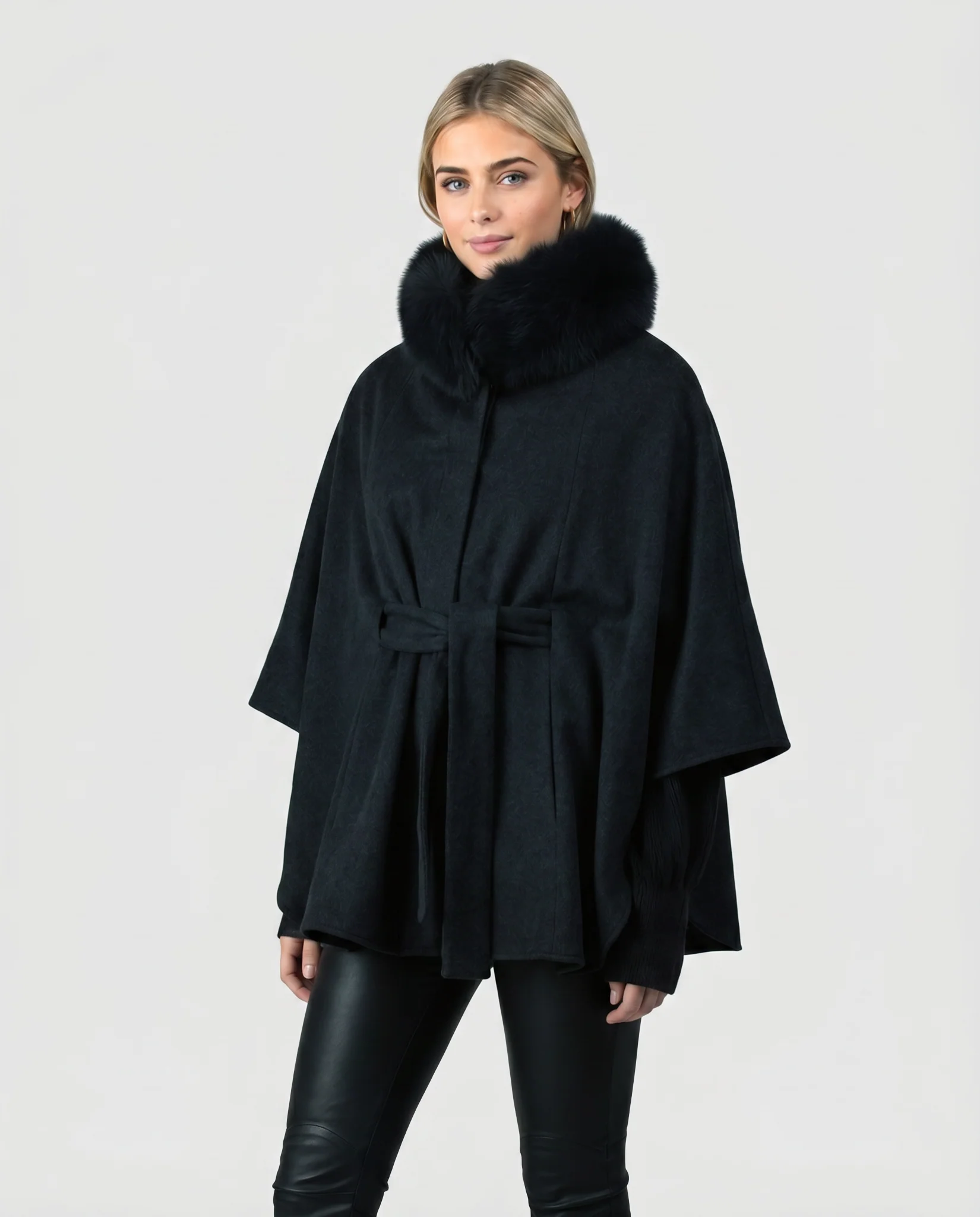 WOOL BELTED CAPE WITH FOX COLLAR - Image 4