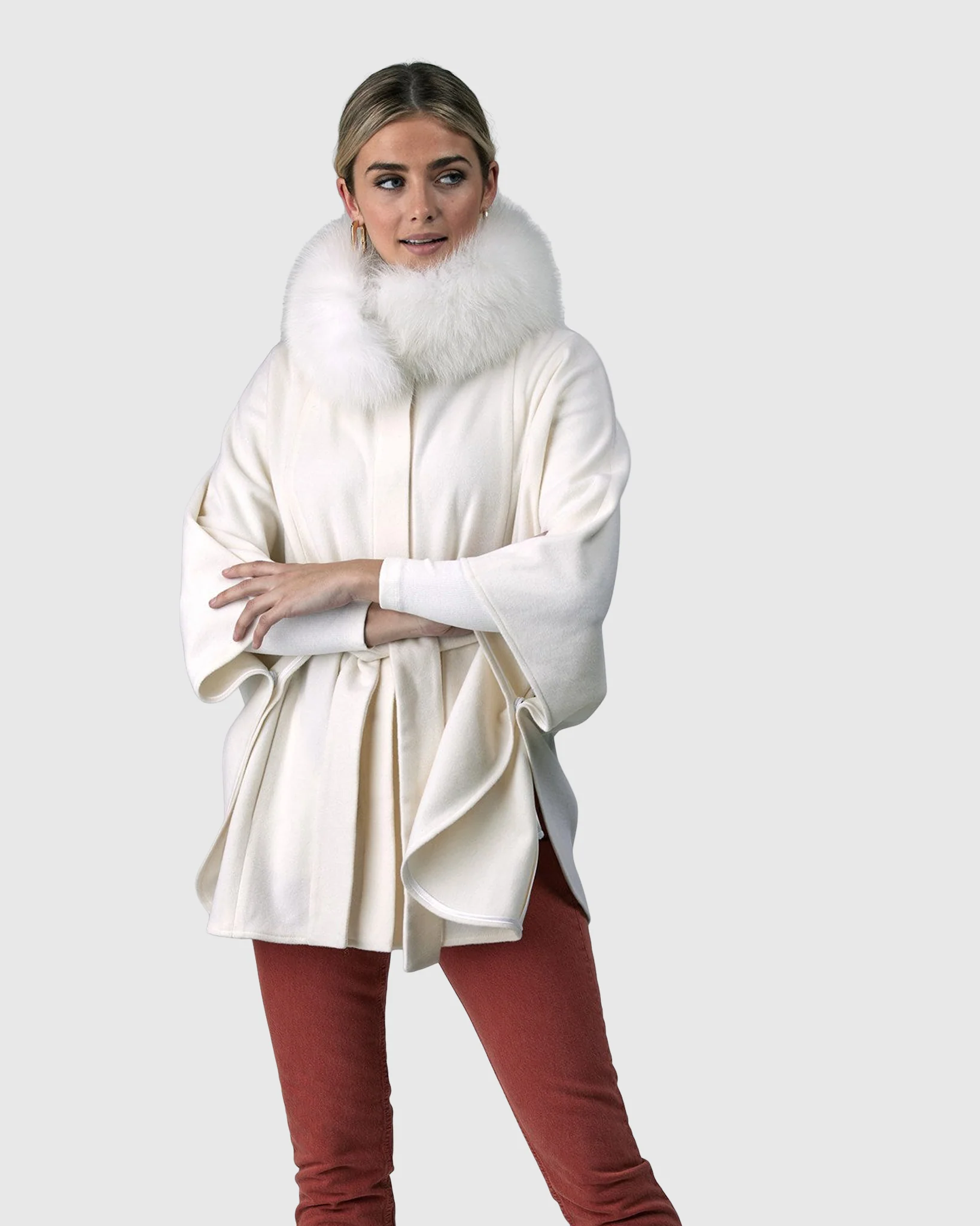 WOOL BELTED CAPE WITH SHADOW FOX COLLAR - Image 2