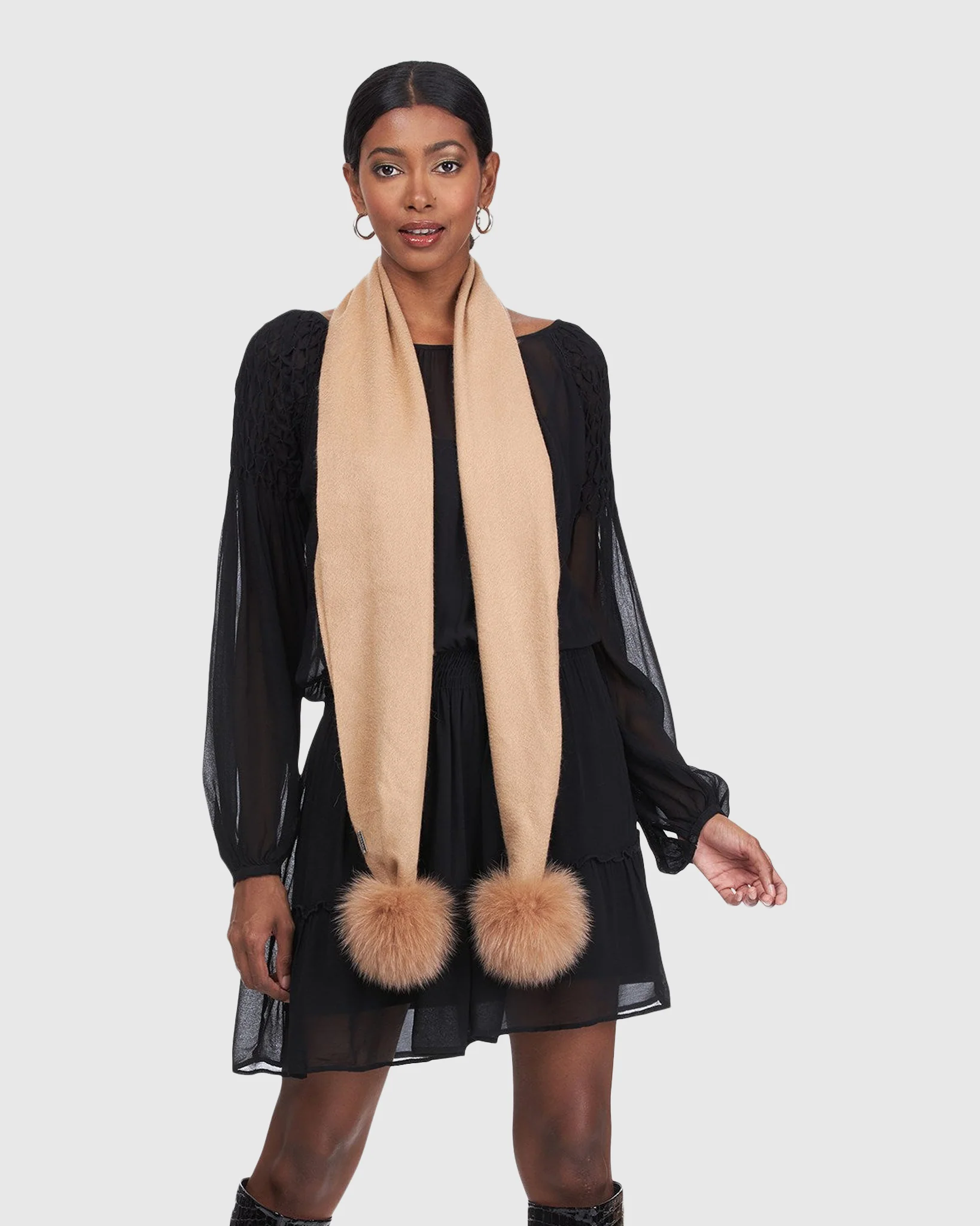 WOOL SCARF WITH FOX POMPOM