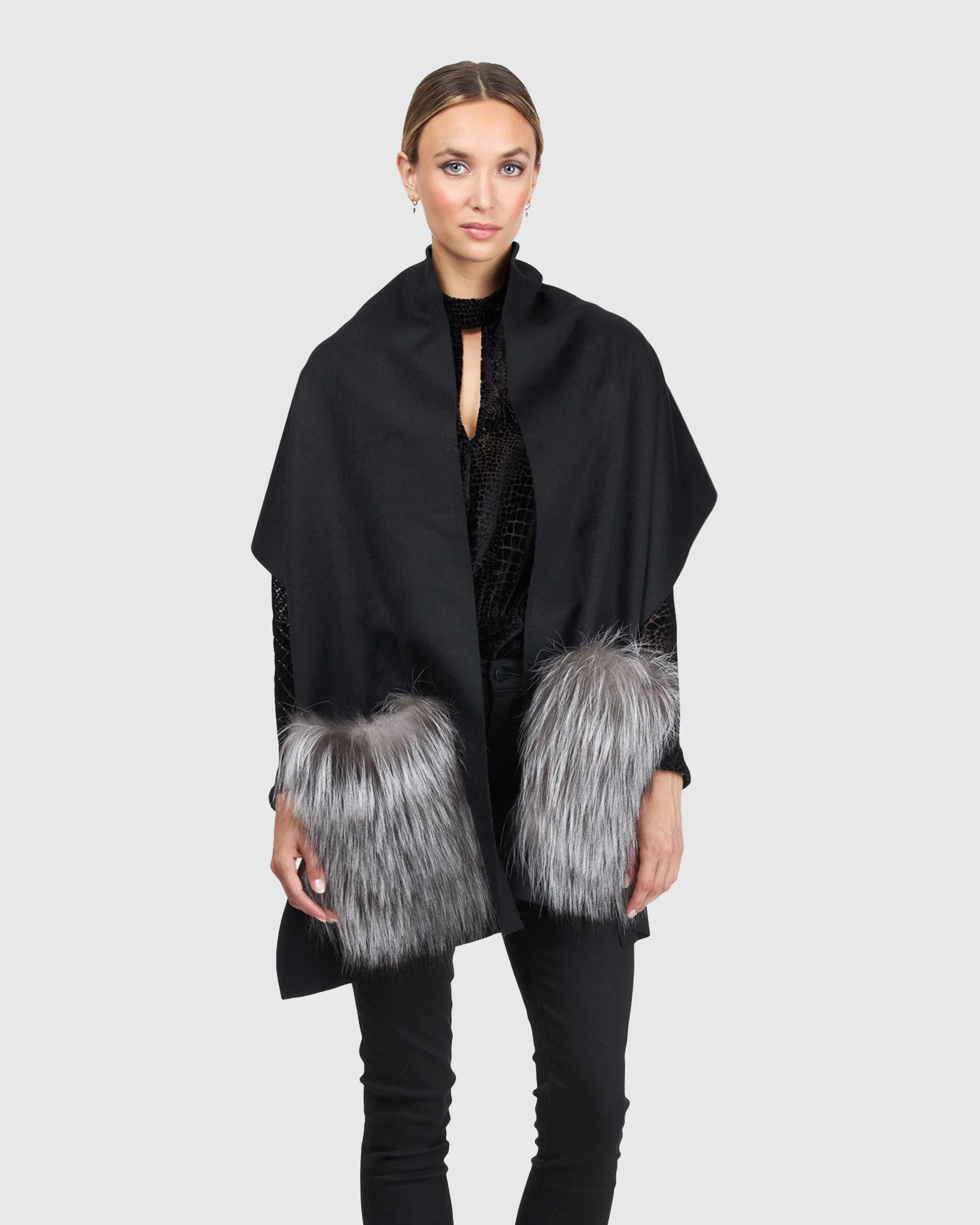 WOOL STOLE WITH SILVER FOX FUR PATCH POCKETS